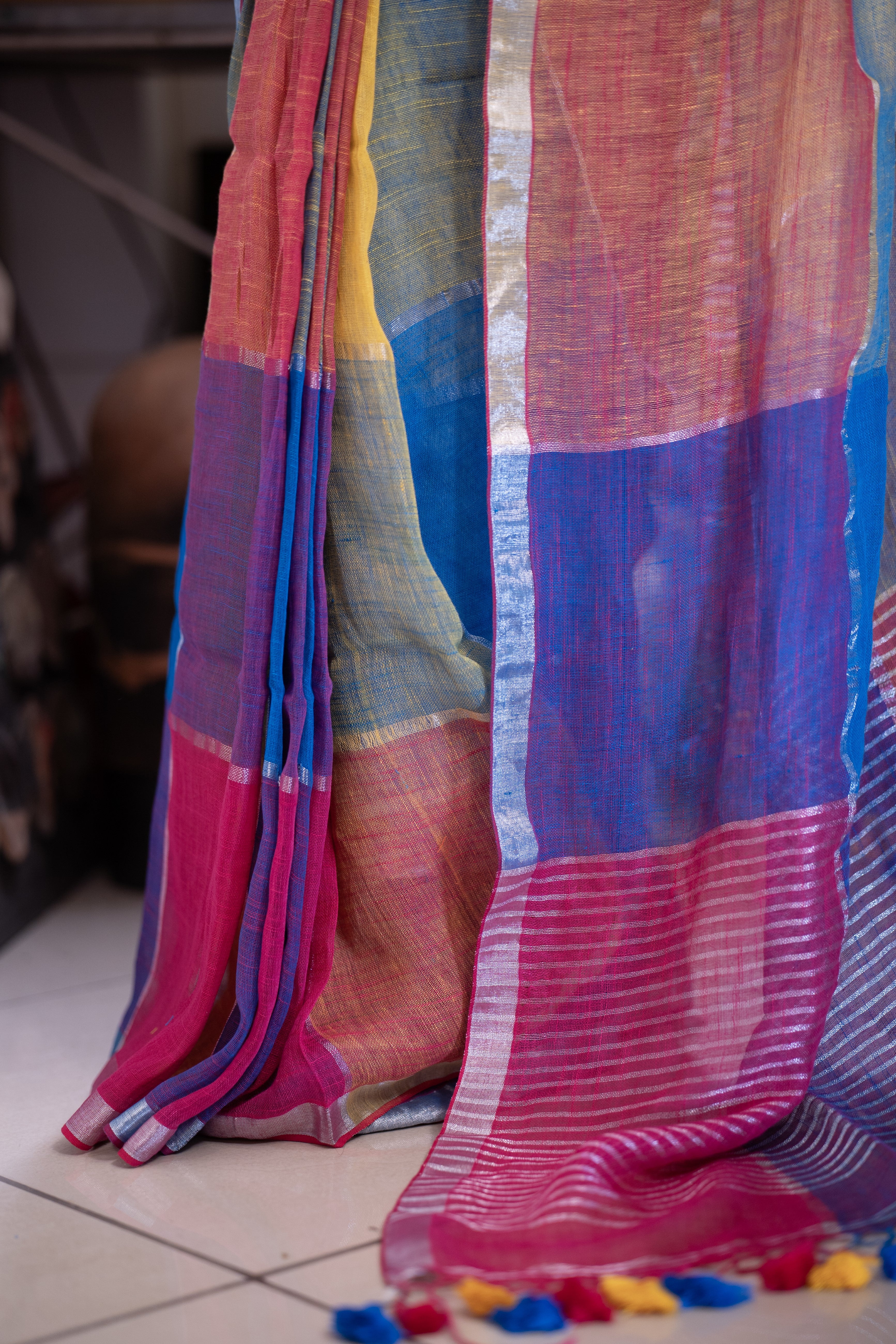 Blue and Rani Multicolor Zari Check Linen Saree