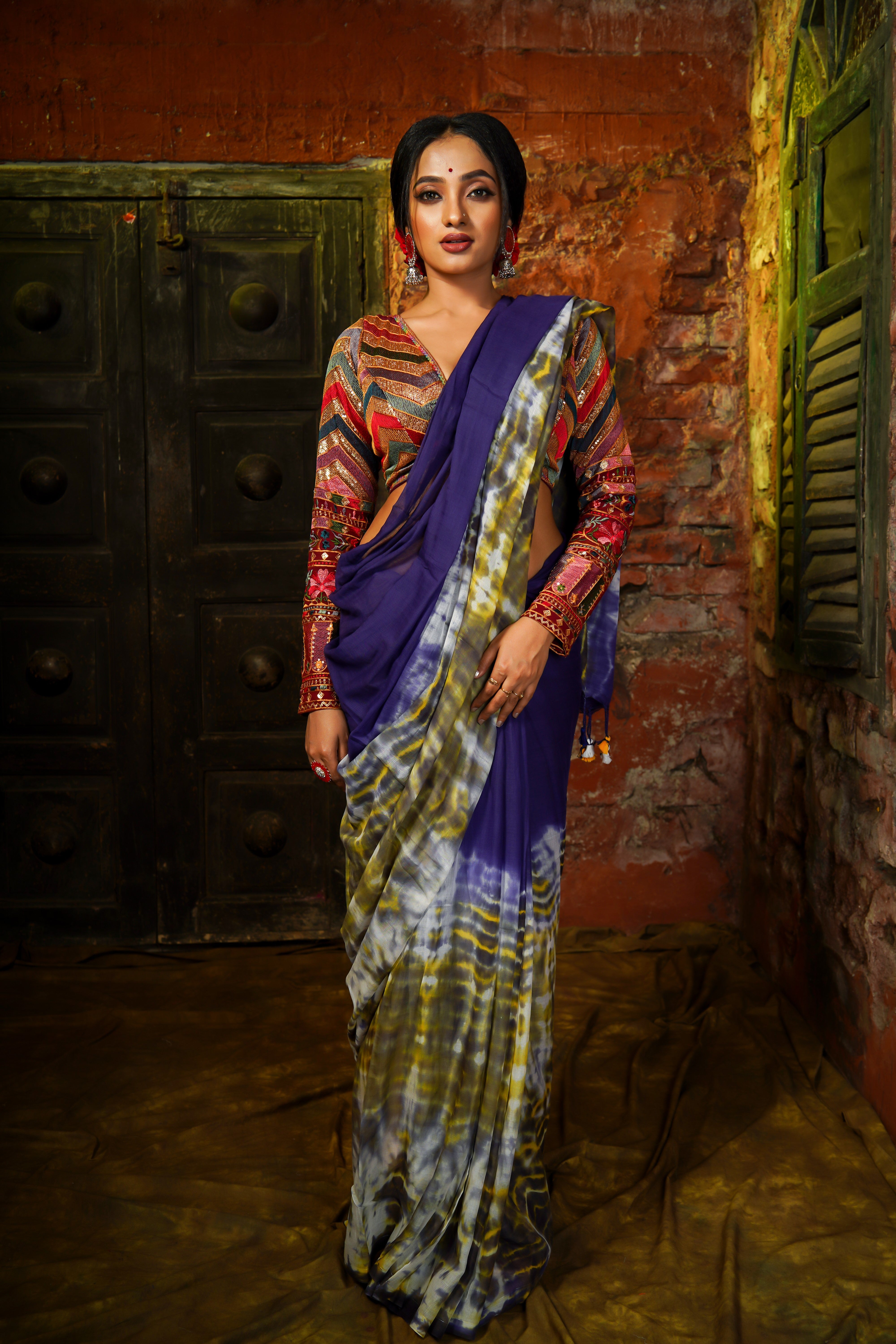 NeelRagini Blue Multi Shibori Mul Cotton Saree