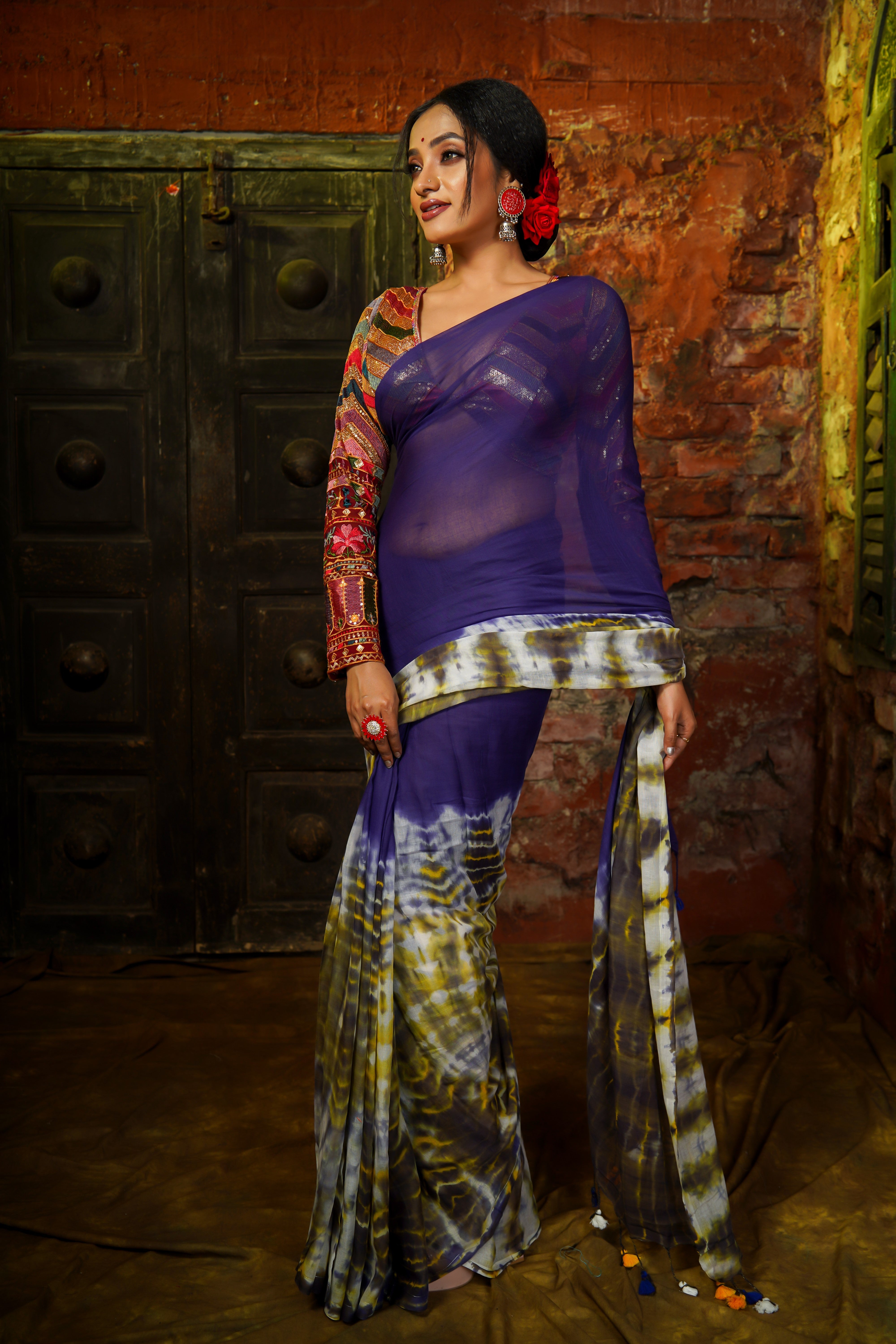 NeelRagini Blue Multi Shibori Mul Cotton Saree