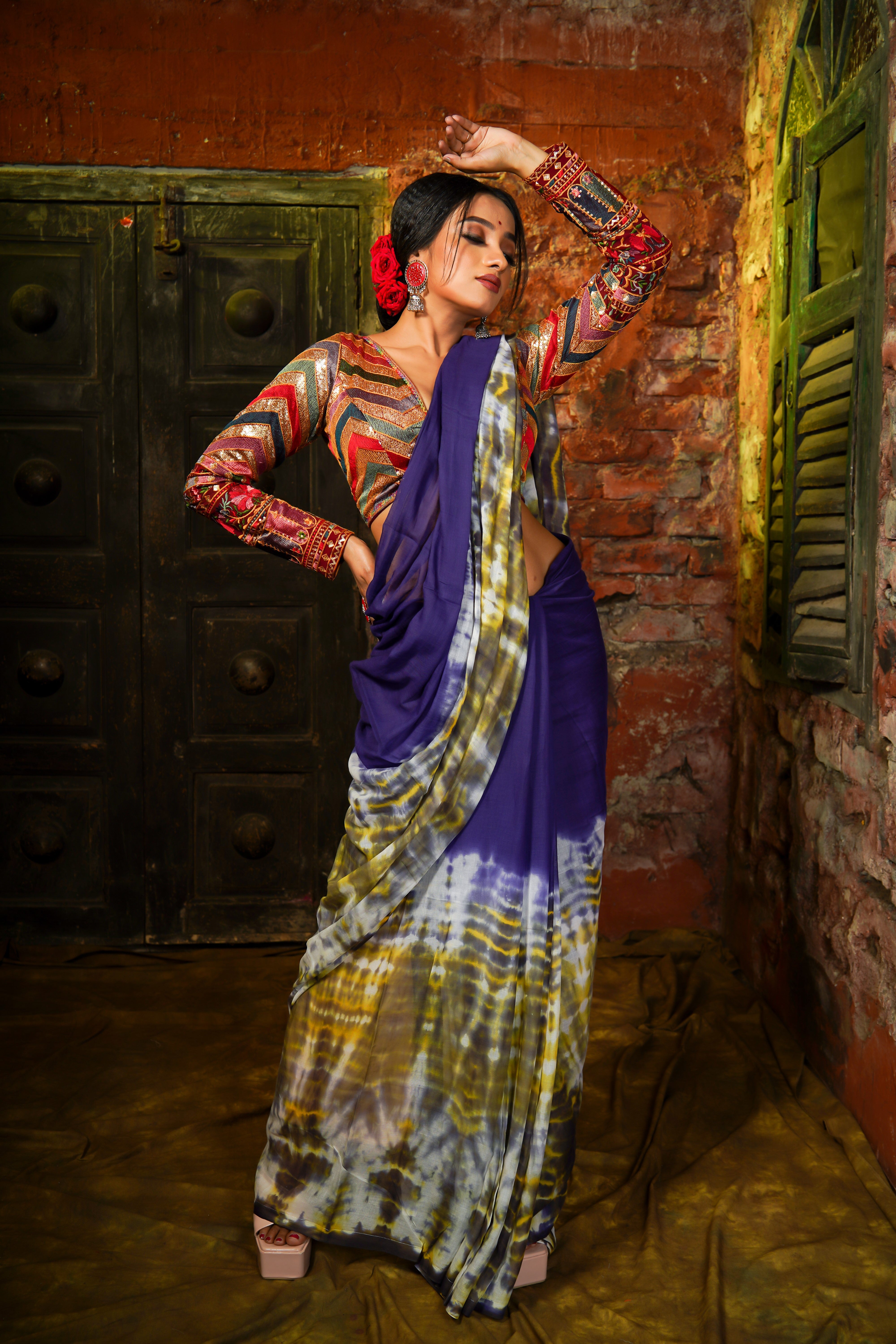 NeelRagini Blue Multi Shibori Mul Cotton Saree