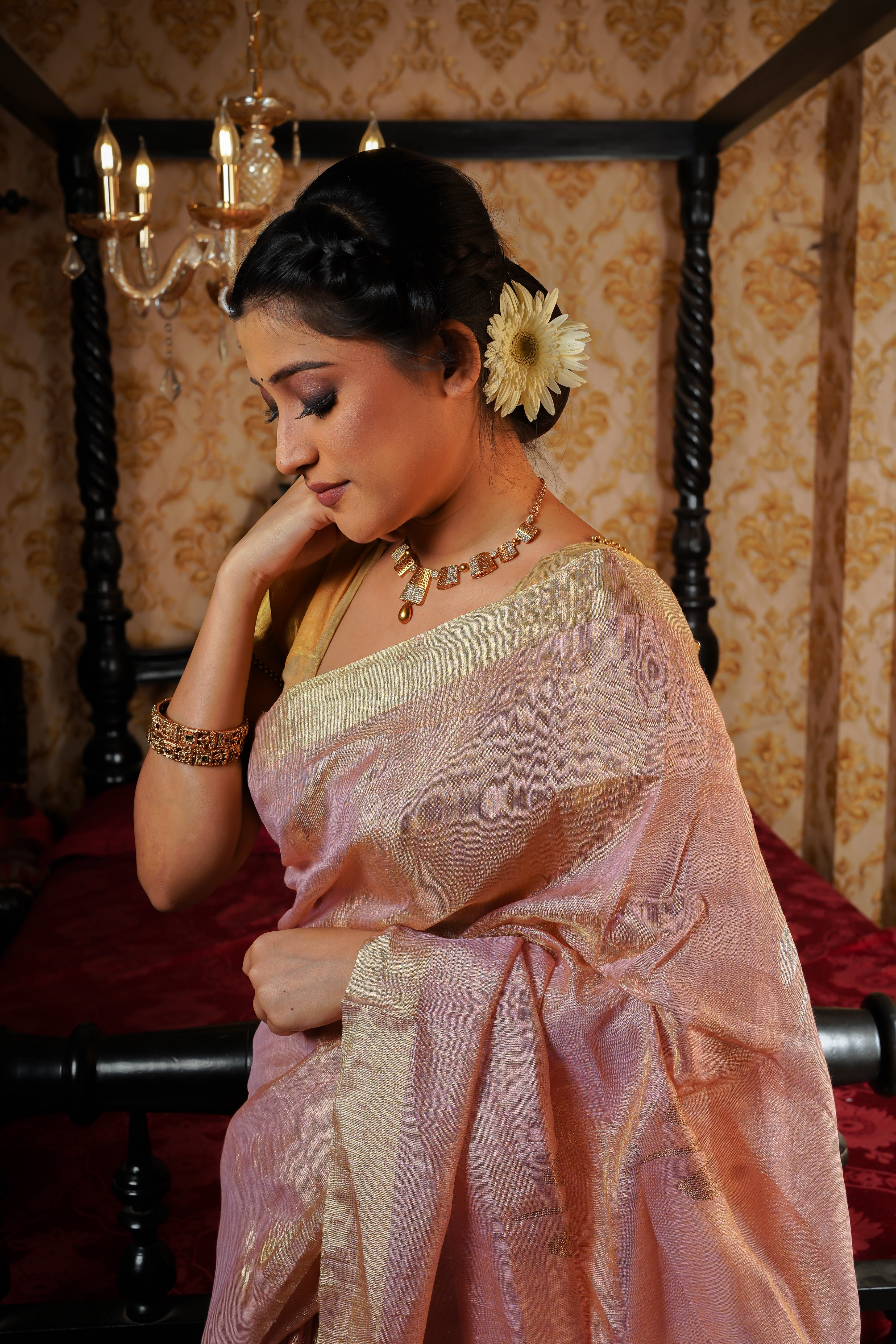 Blush Pink Pure Tissue Linen Butterfly Hand Woven Saree