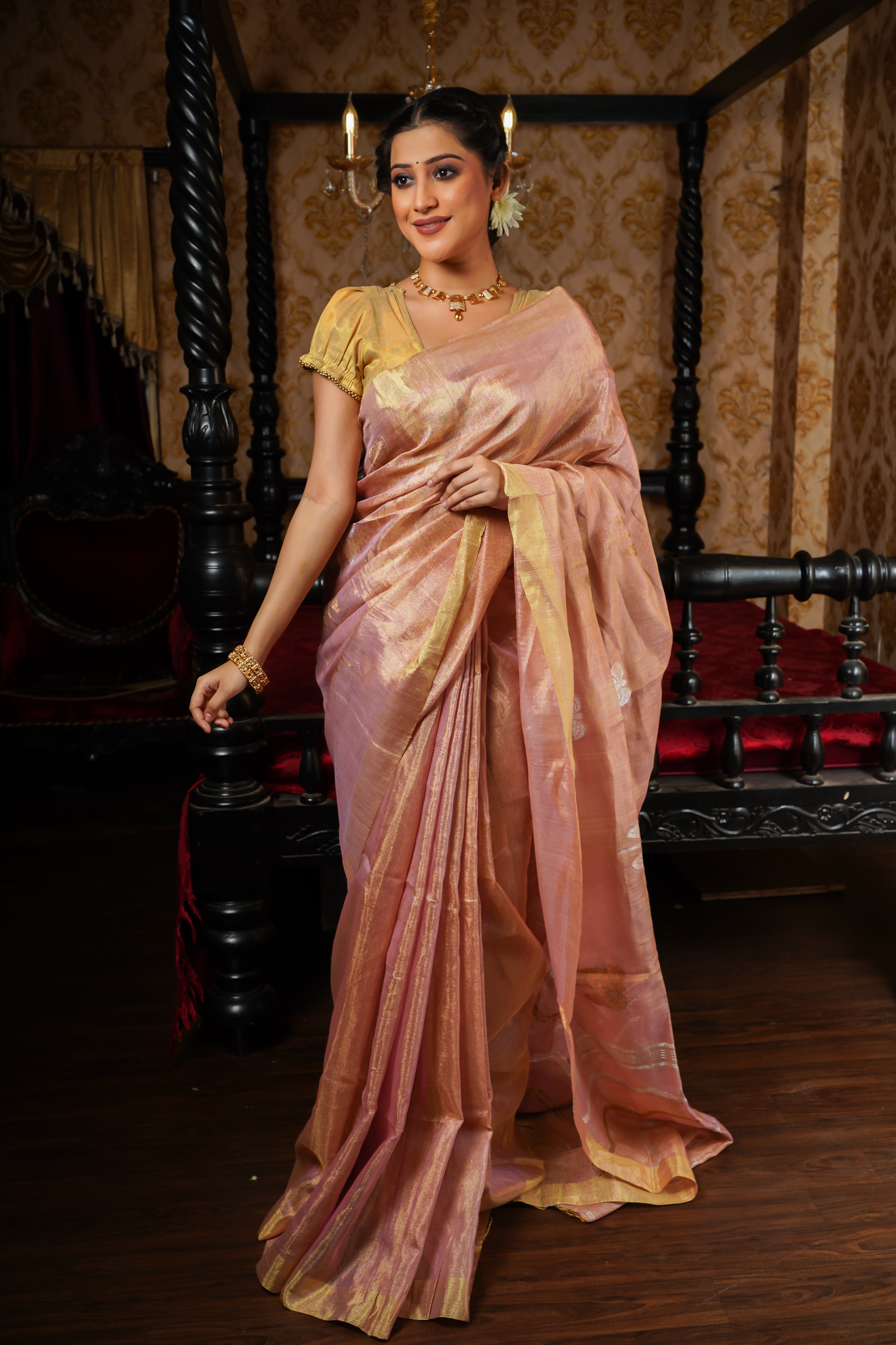 Blush Pink Pure Tissue Linen Butterfly Hand Woven Saree