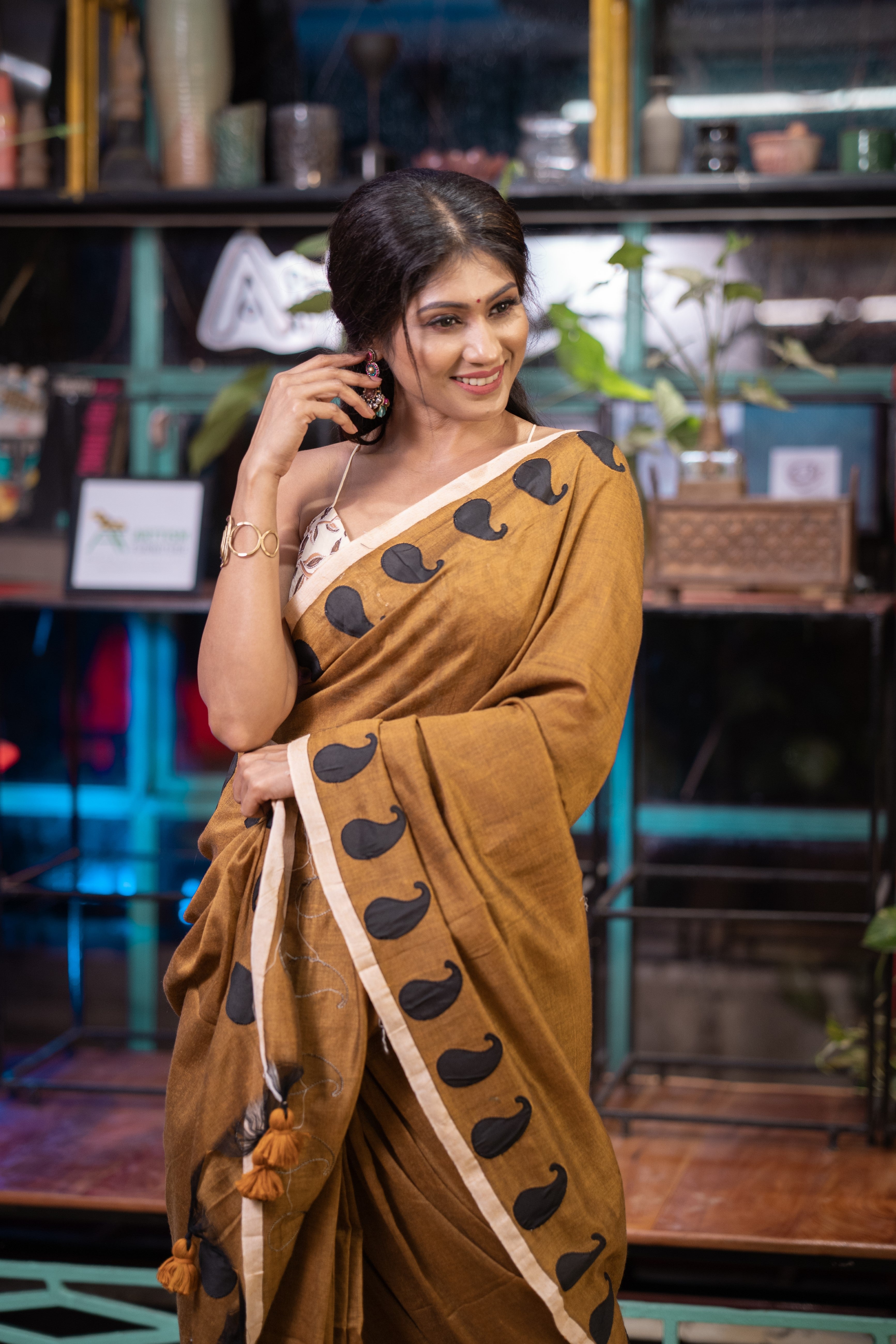 Polka Work Cotton Saree- Brown