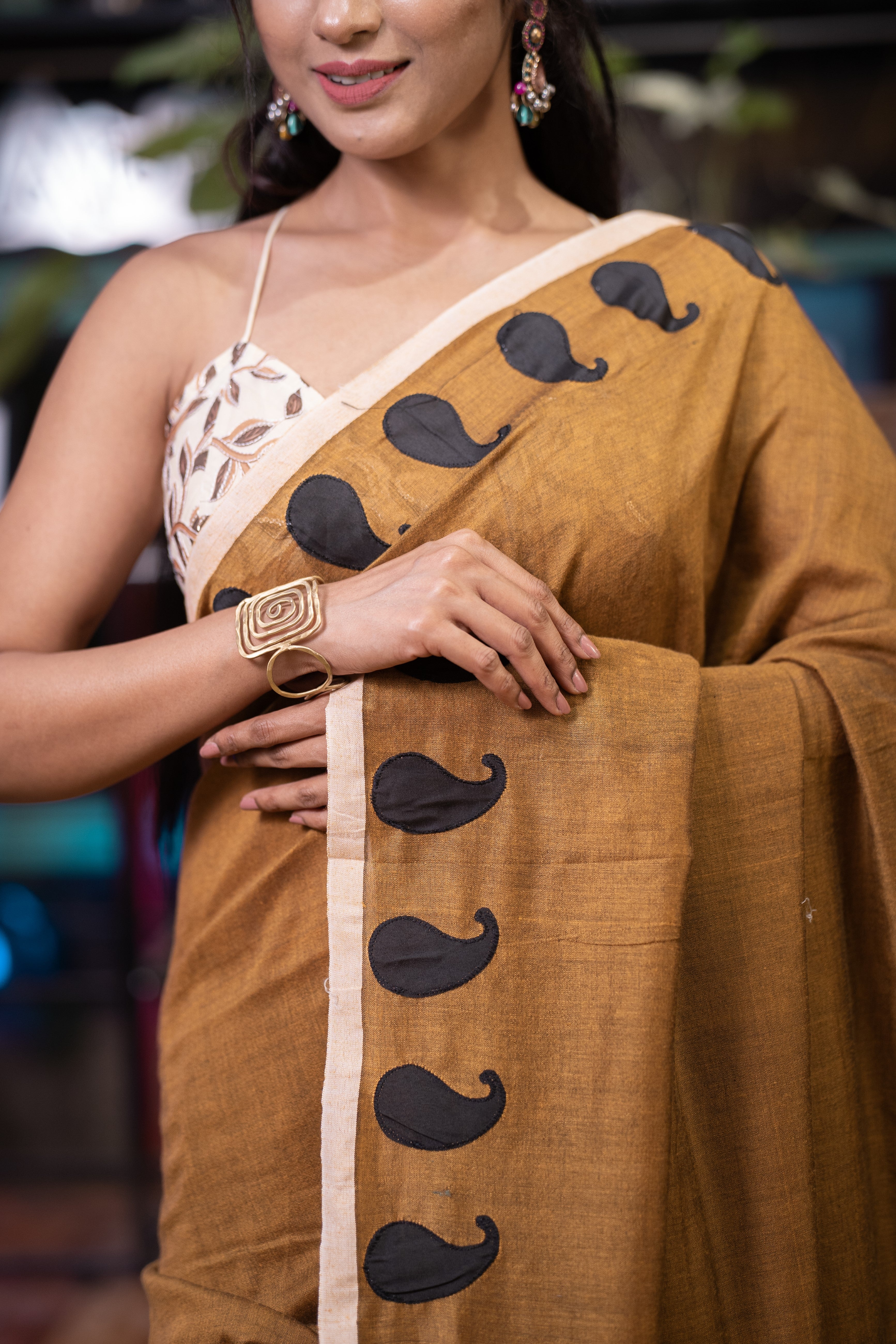 Polka Work Cotton Saree- Brown