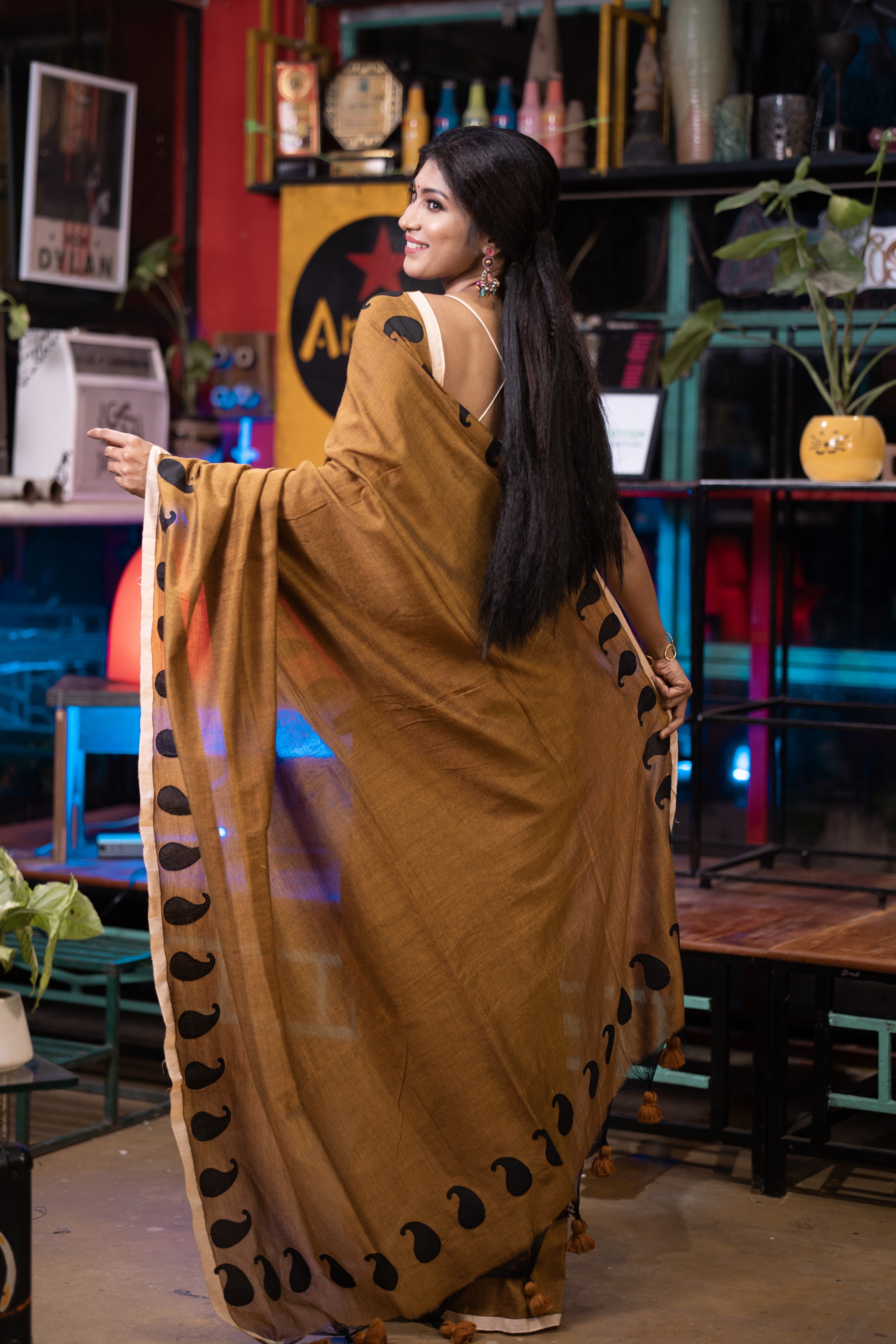 Polka Work Cotton Saree- Brown