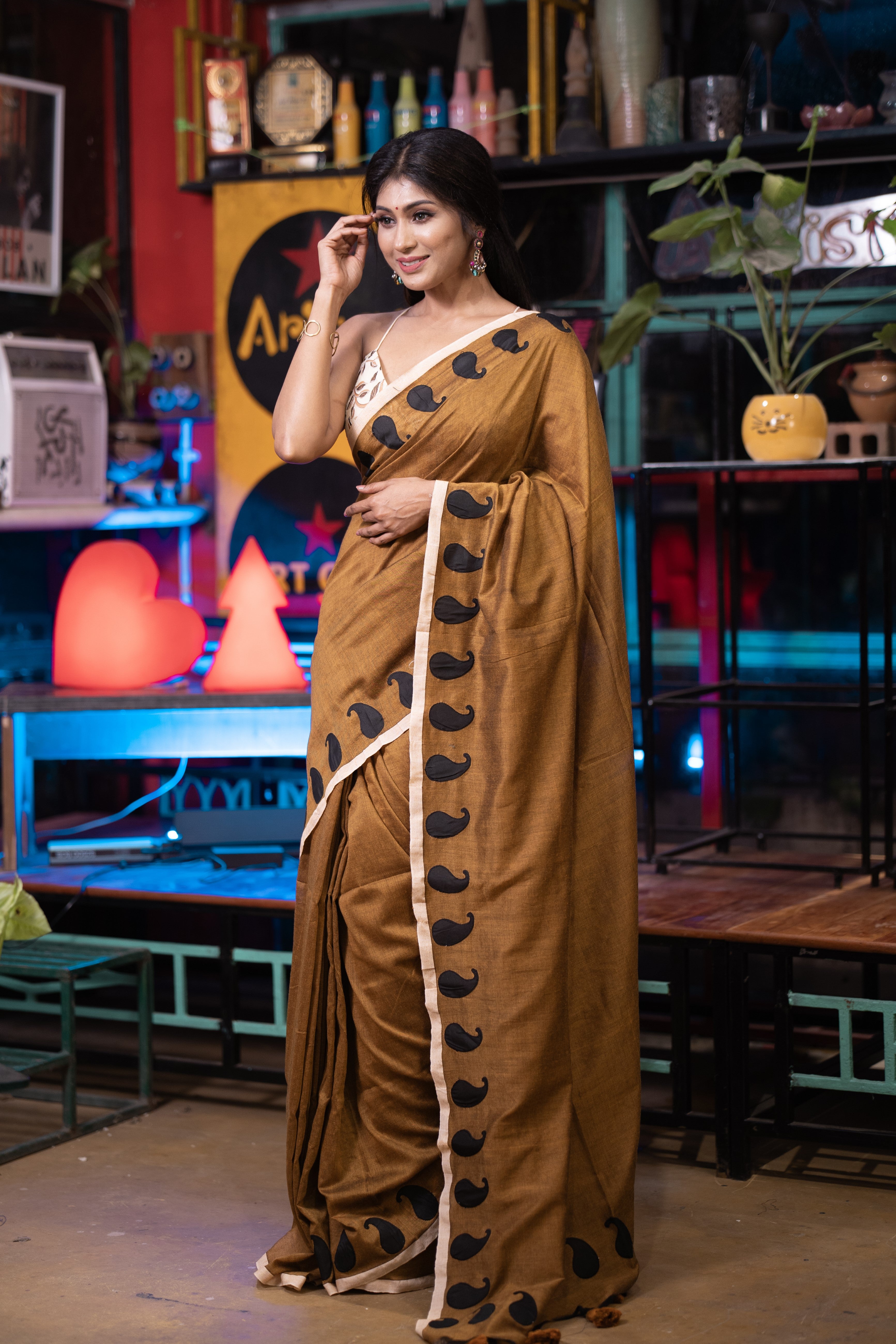 Polka Work Cotton Saree- Brown