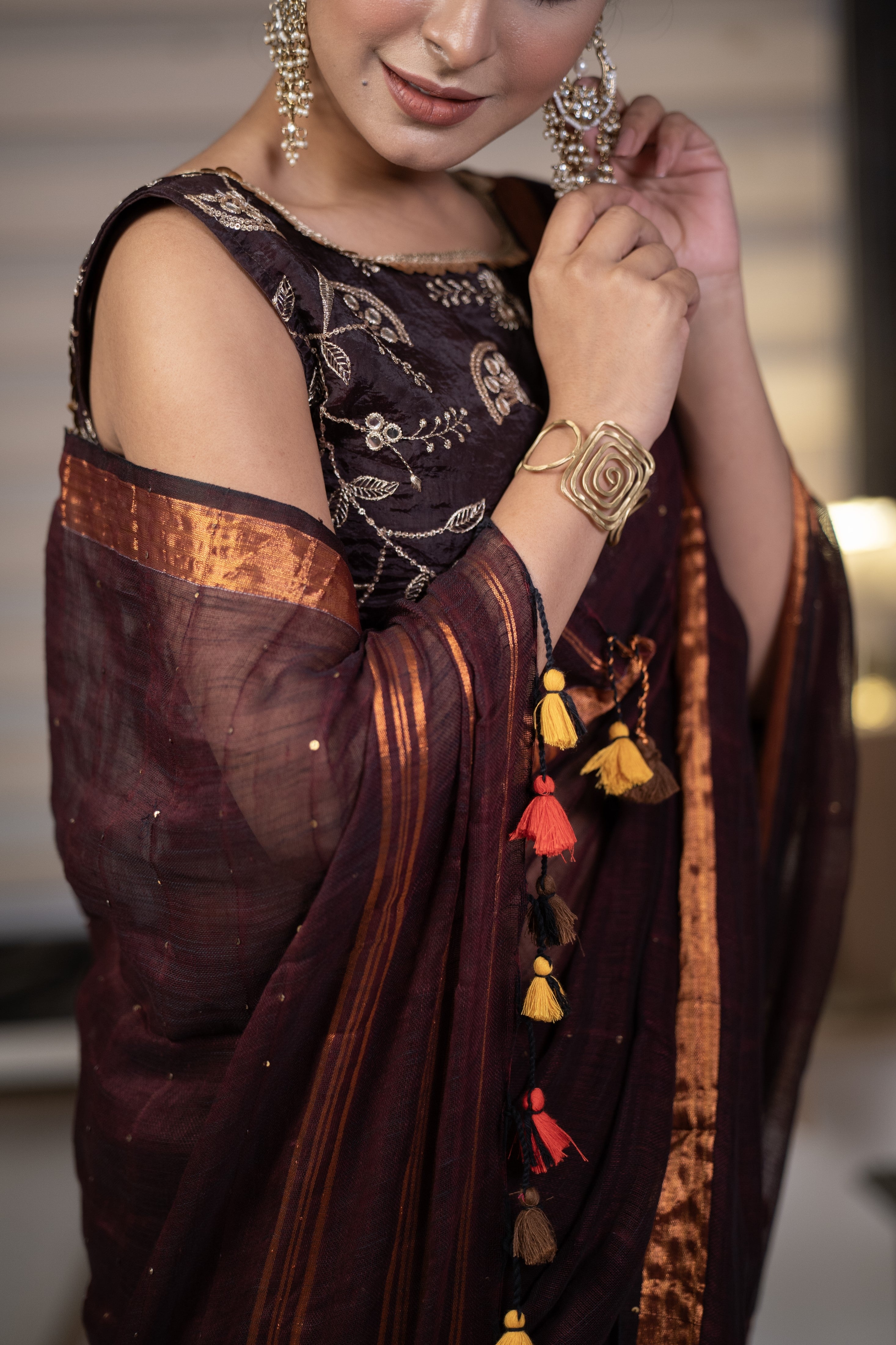 Brown Sequence Work Linen Saree with golden zari border