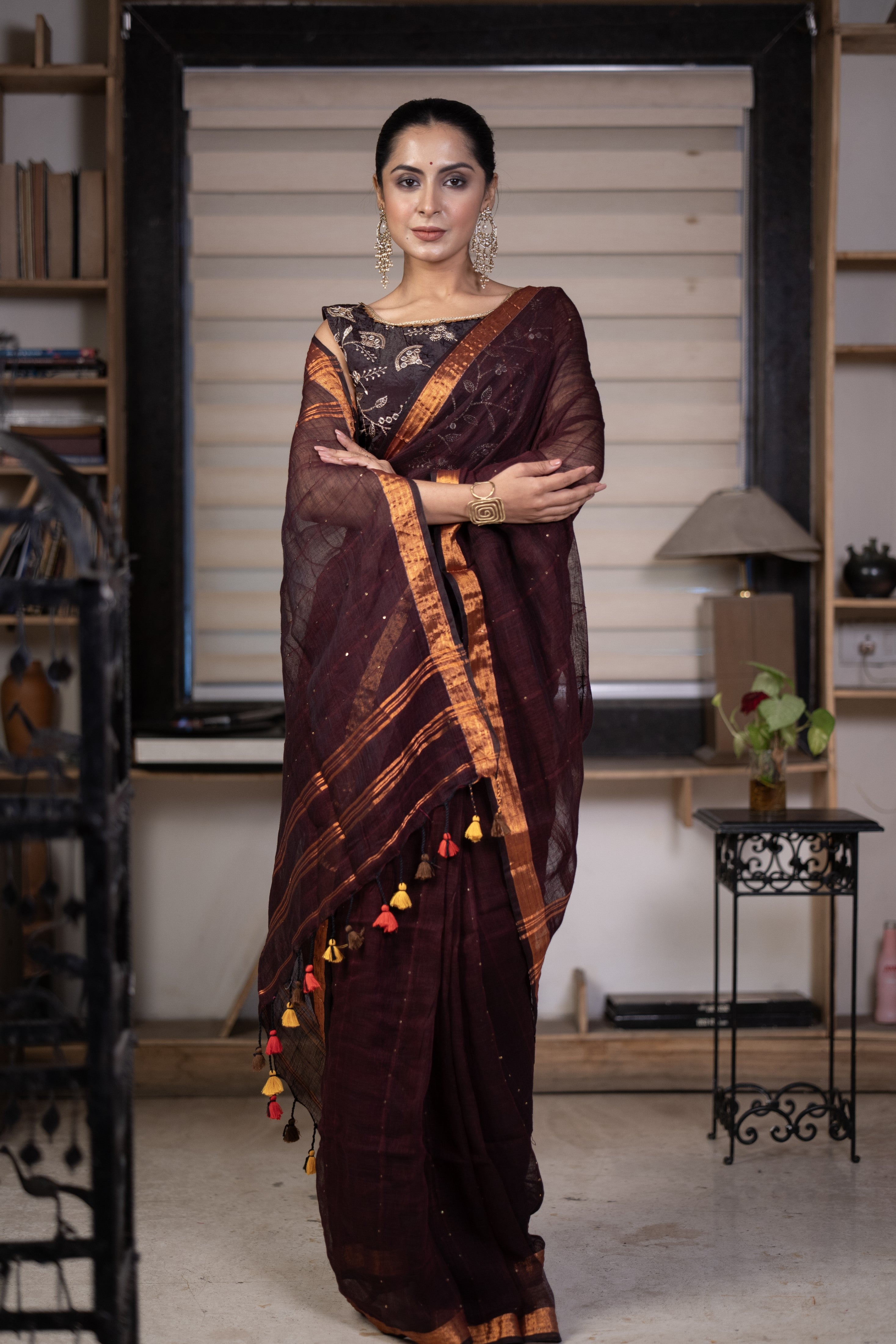 Brown Sequence Work Linen Saree with golden zari border