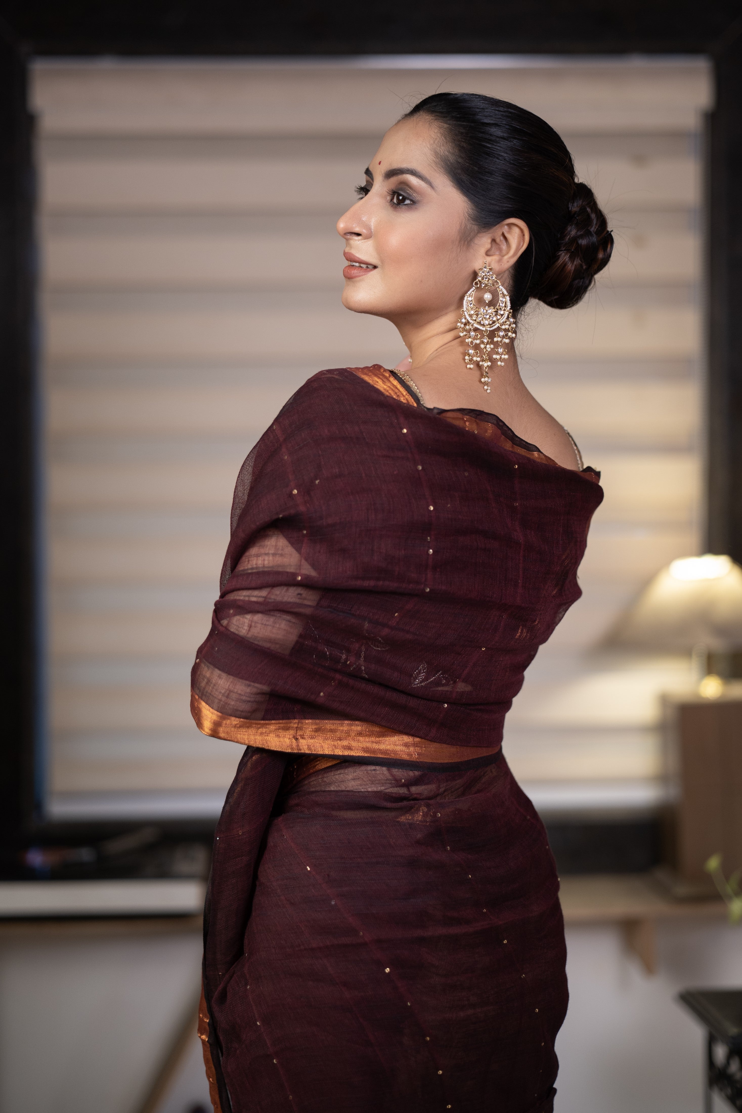 Brown Sequence Work Linen Saree with golden zari border