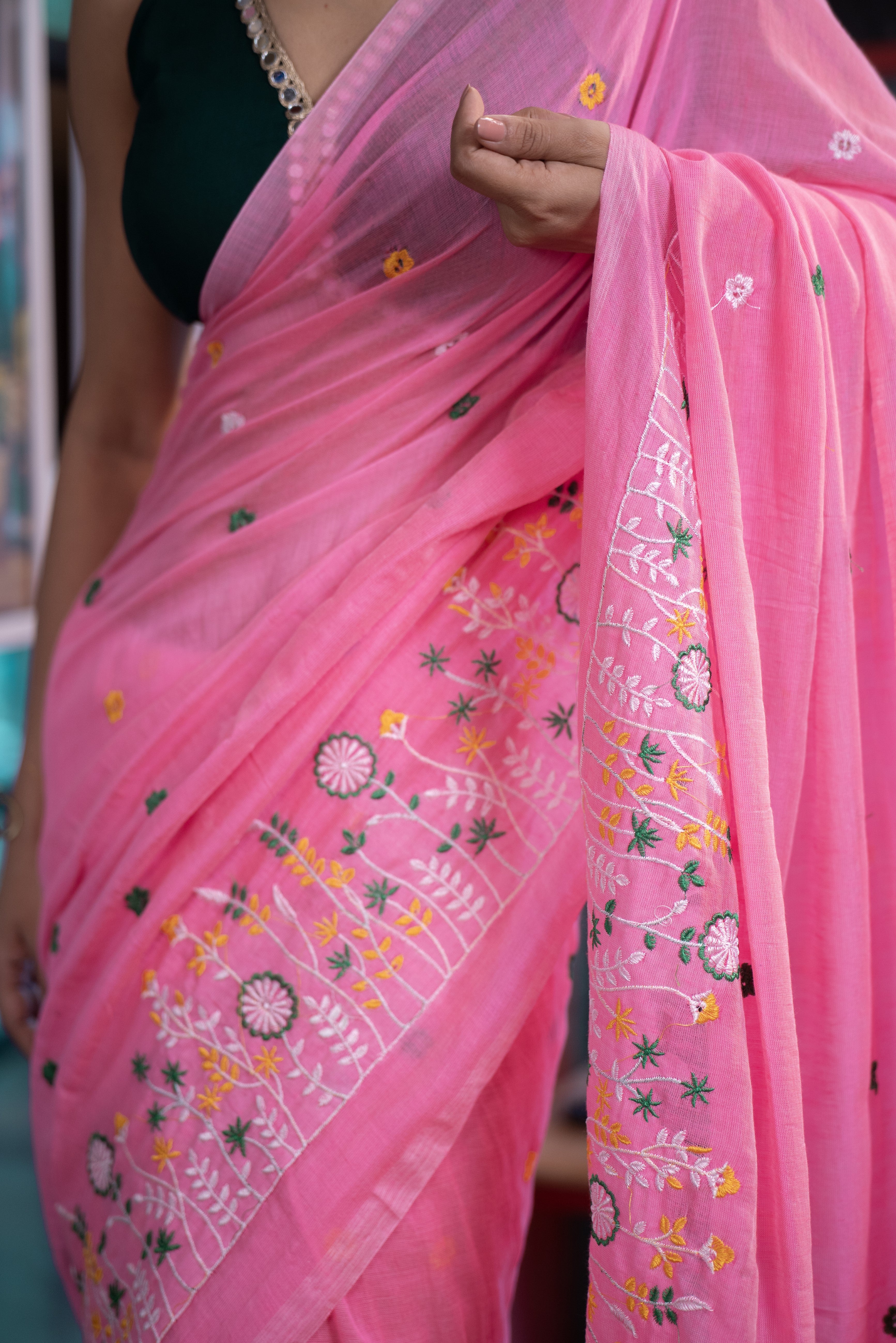 Soft khadi Cotton Embroidery Saree-Bubble Pink