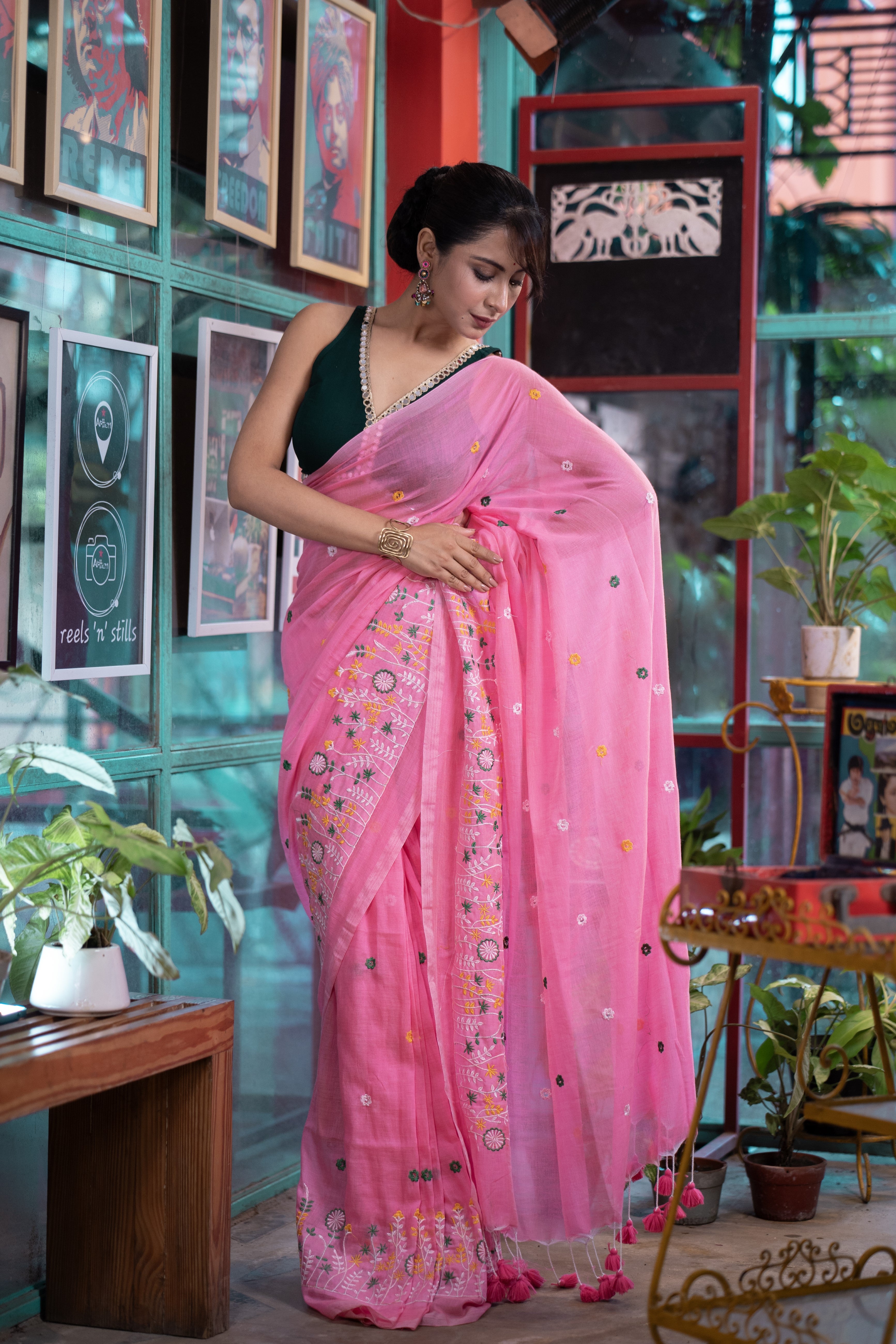 Soft khadi Cotton Embroidery Saree-Bubble Pink