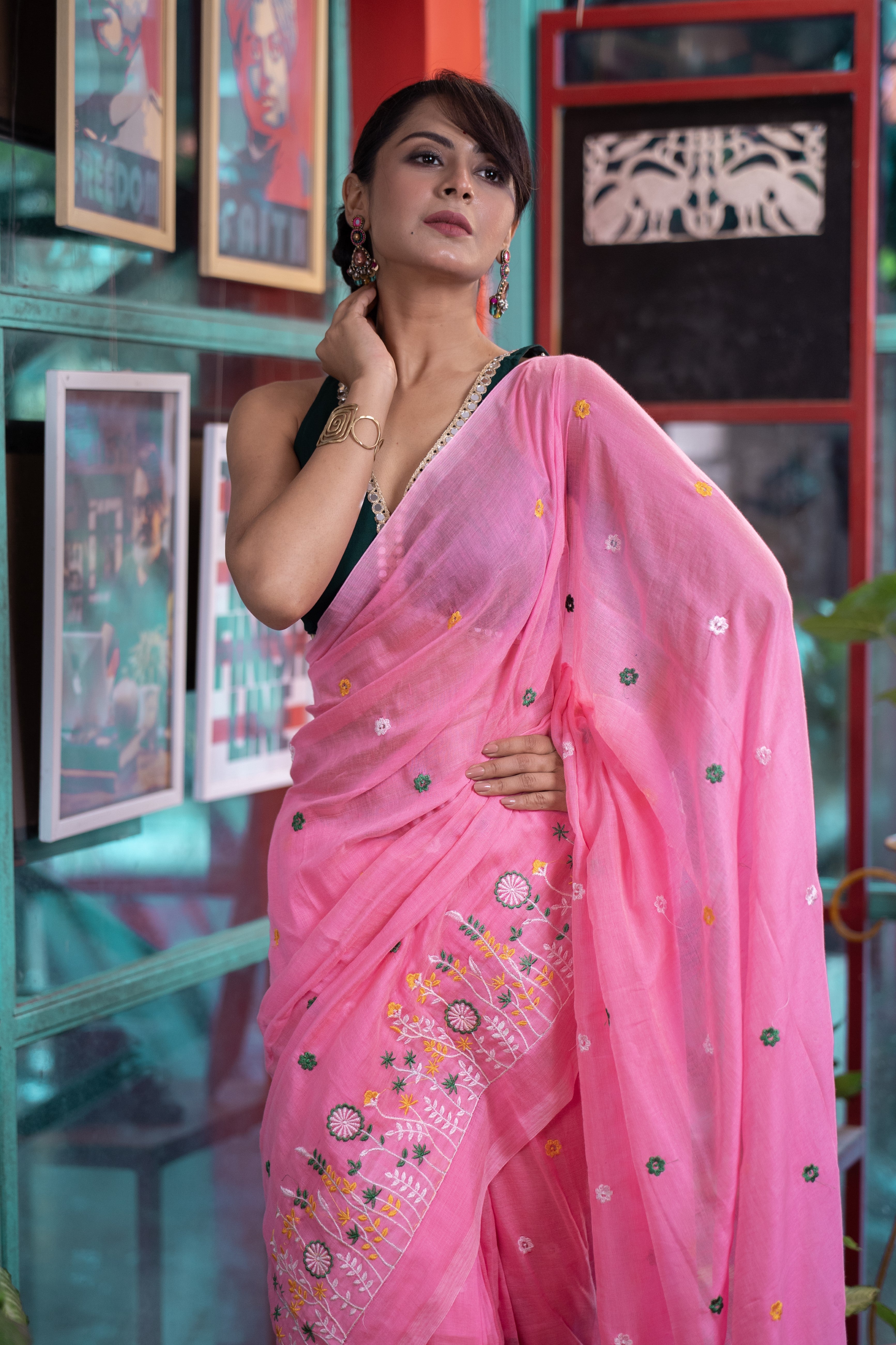 Soft khadi Cotton Embroidery Saree-Bubble Pink