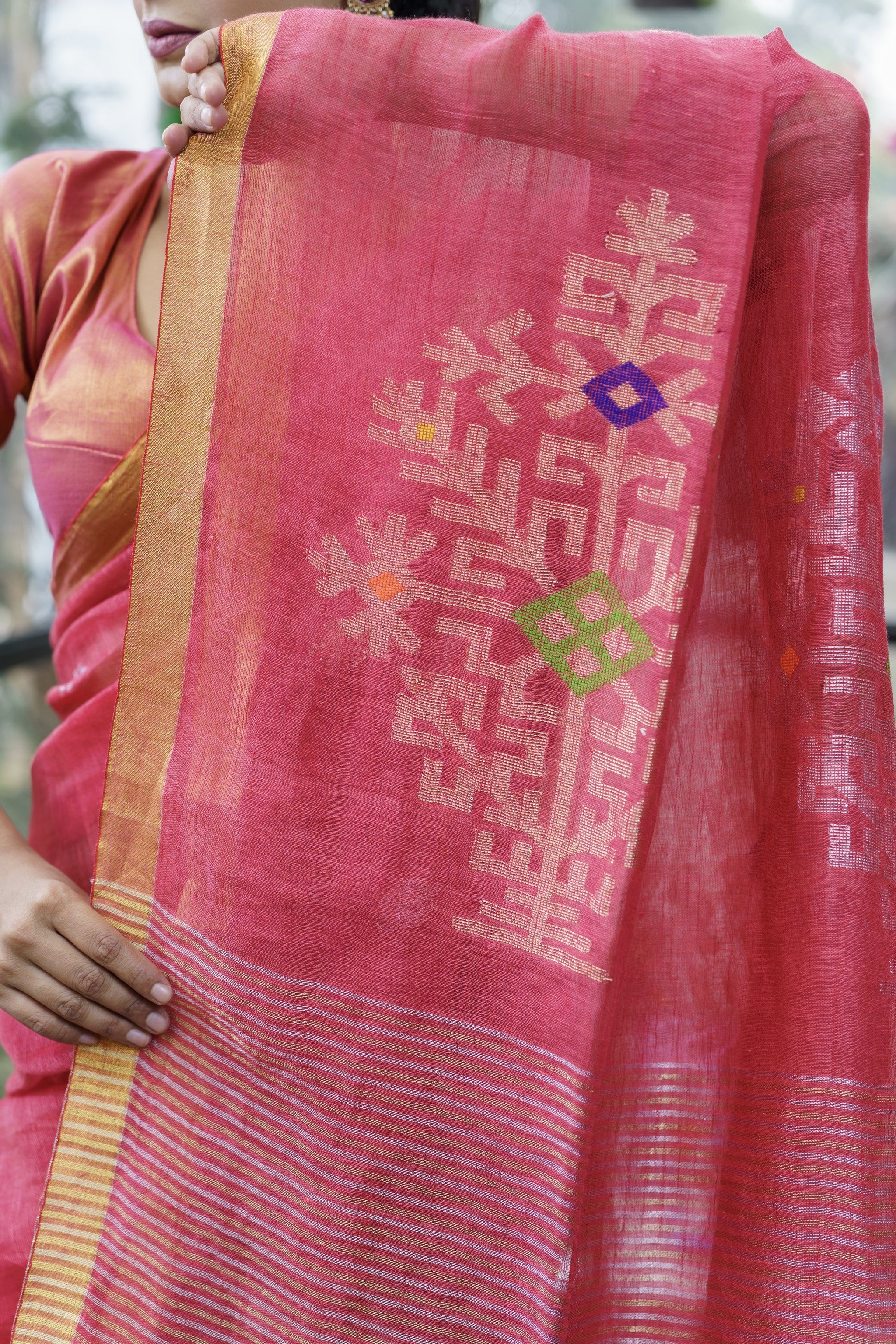 Candy Pink Sawstik Linen Hand Woven Jamdani Saree With Blouse Piece