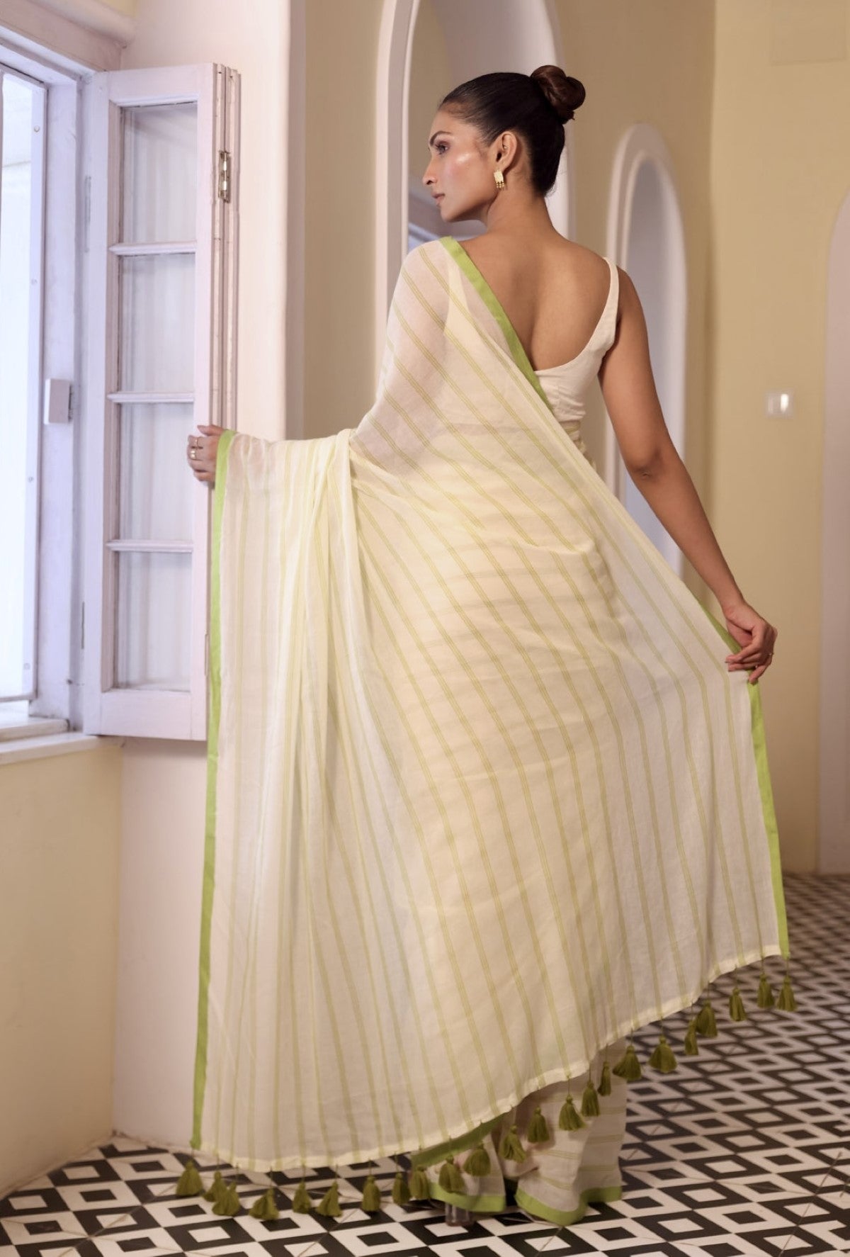 Cream Pure Mulmul Cotton Saree with Light Green Stripes
