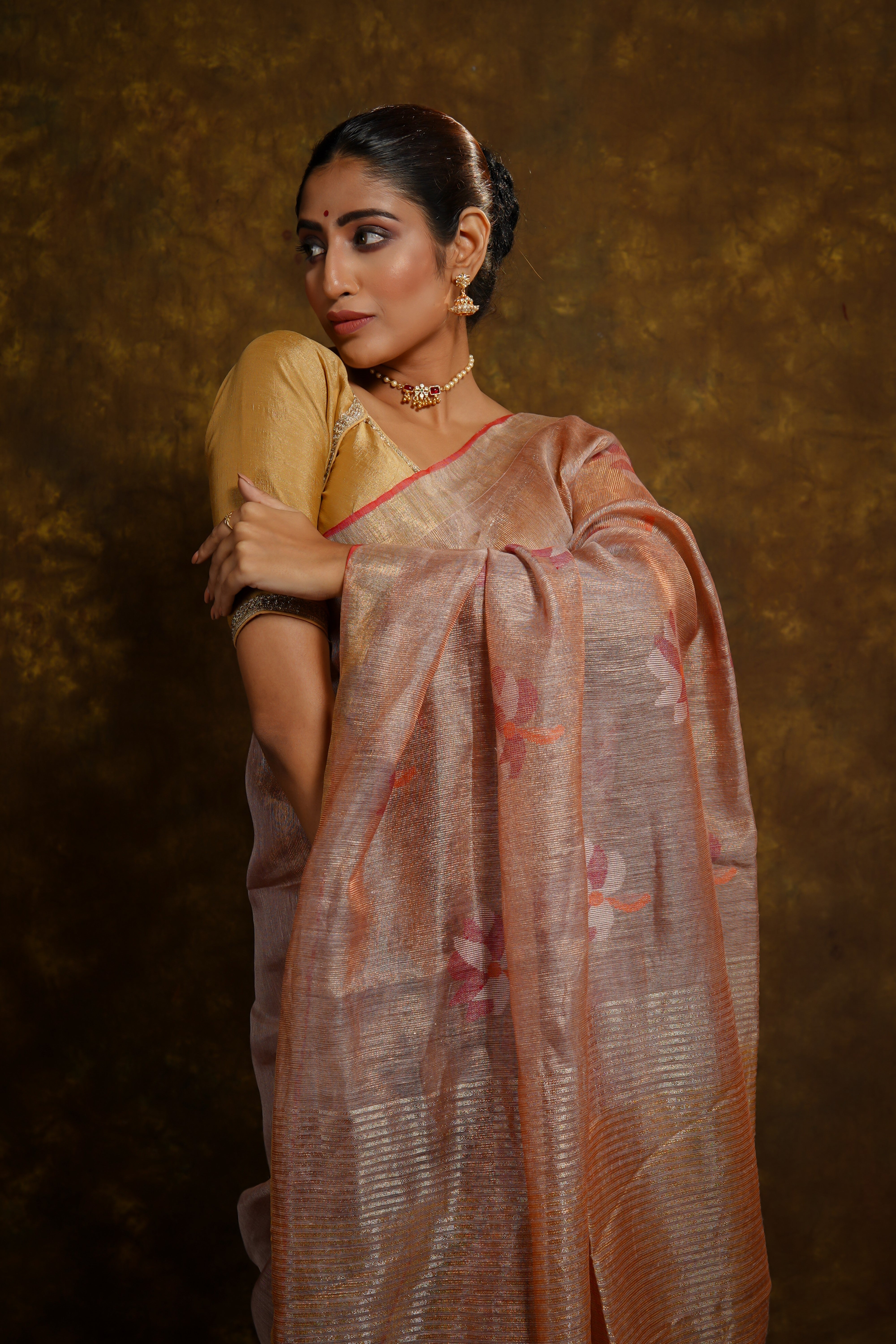 Dusty Rose dual tone floral tissue linen handwoven saree with blouse piece