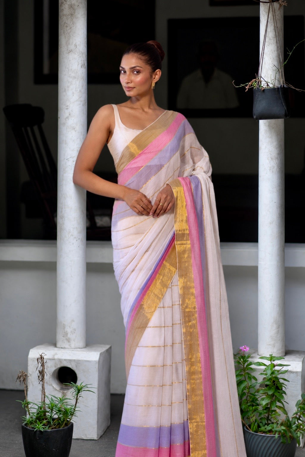 White Mulmul Cotton Saree with Golden Zari Check Border with BP
