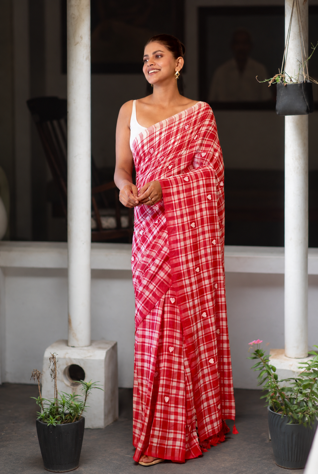 Red & White Checked Mulmul Cotton Saree with Love Embroidery