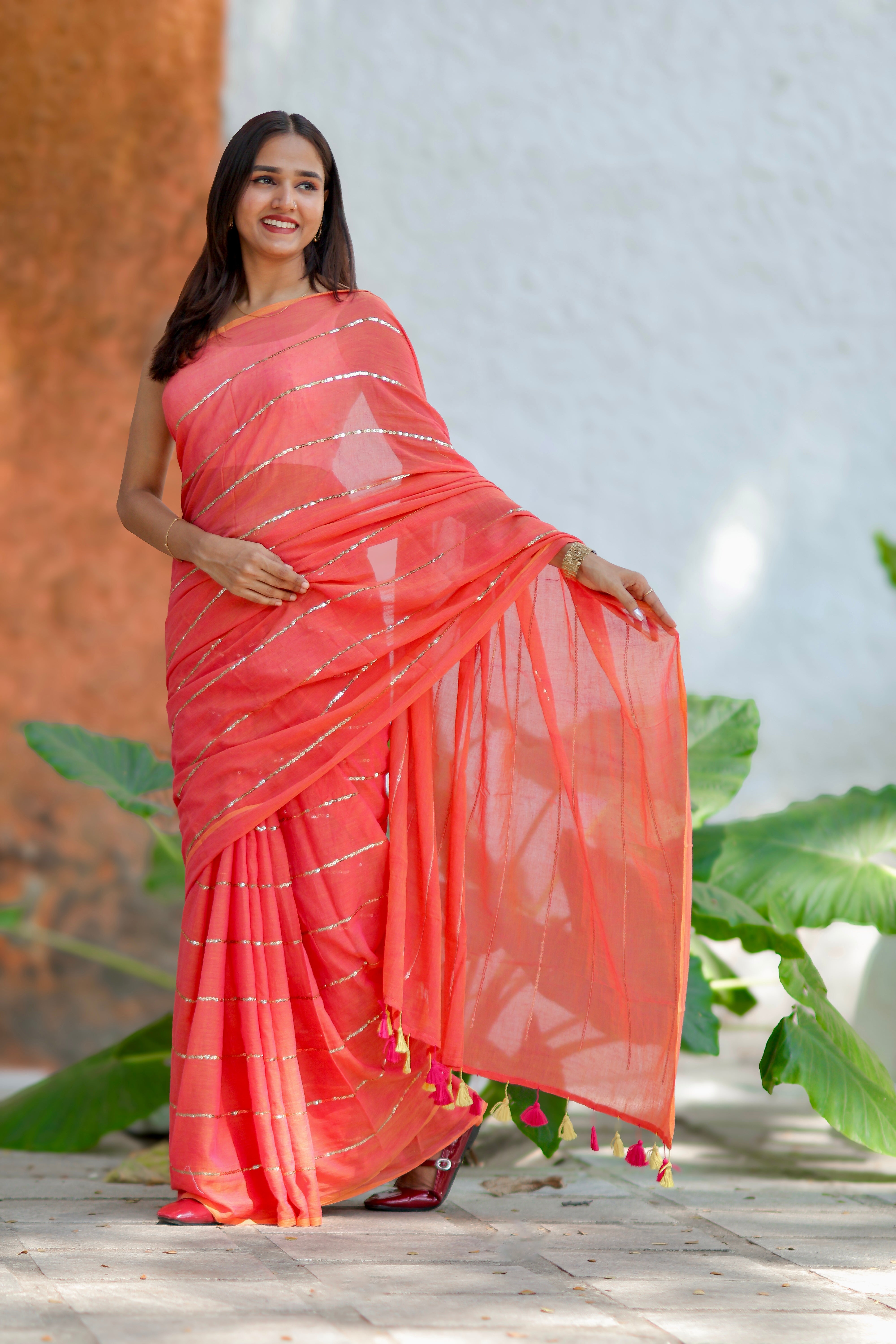 Classic rust sequins work Mul Mul Cotton Saree