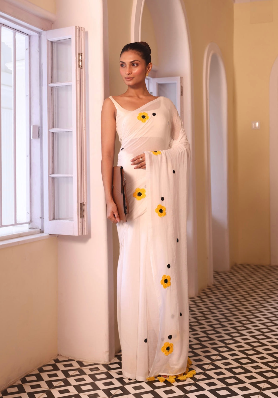 White Mulmul Cotton Saree with Floral Applique Work