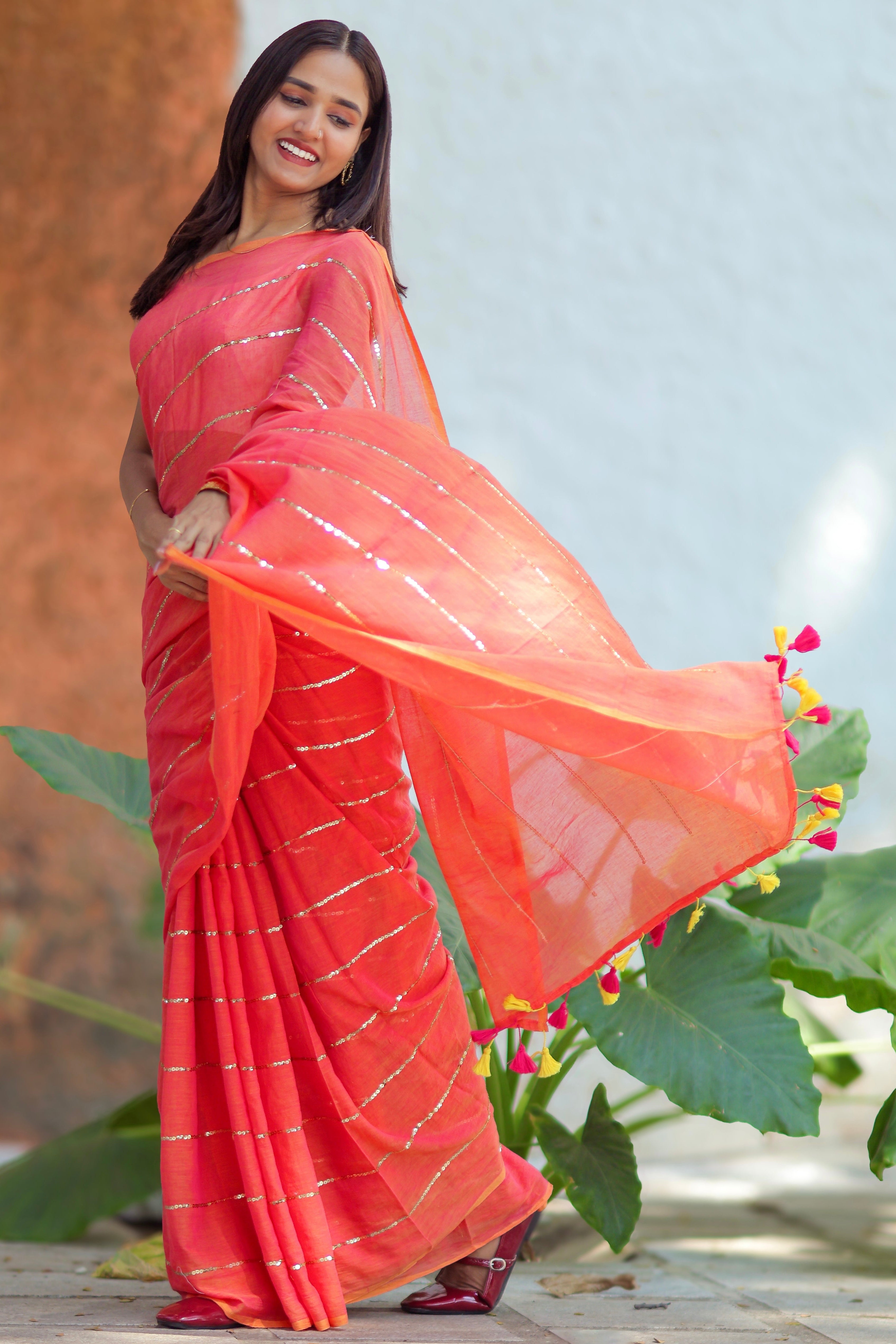 Classic rust sequins work Mul Mul Cotton Saree