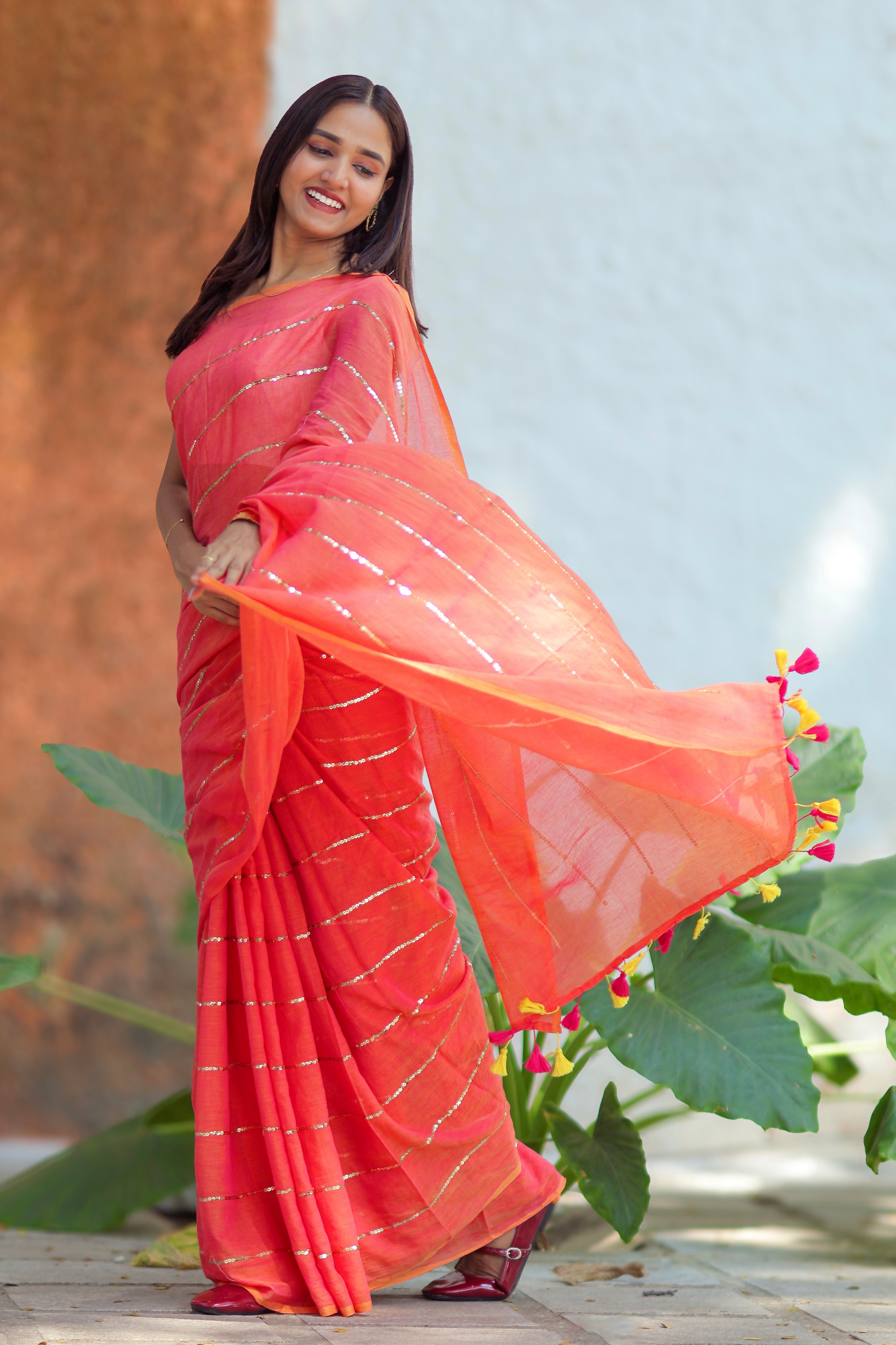 Classic rust sequins work Mul Mul Cotton Saree