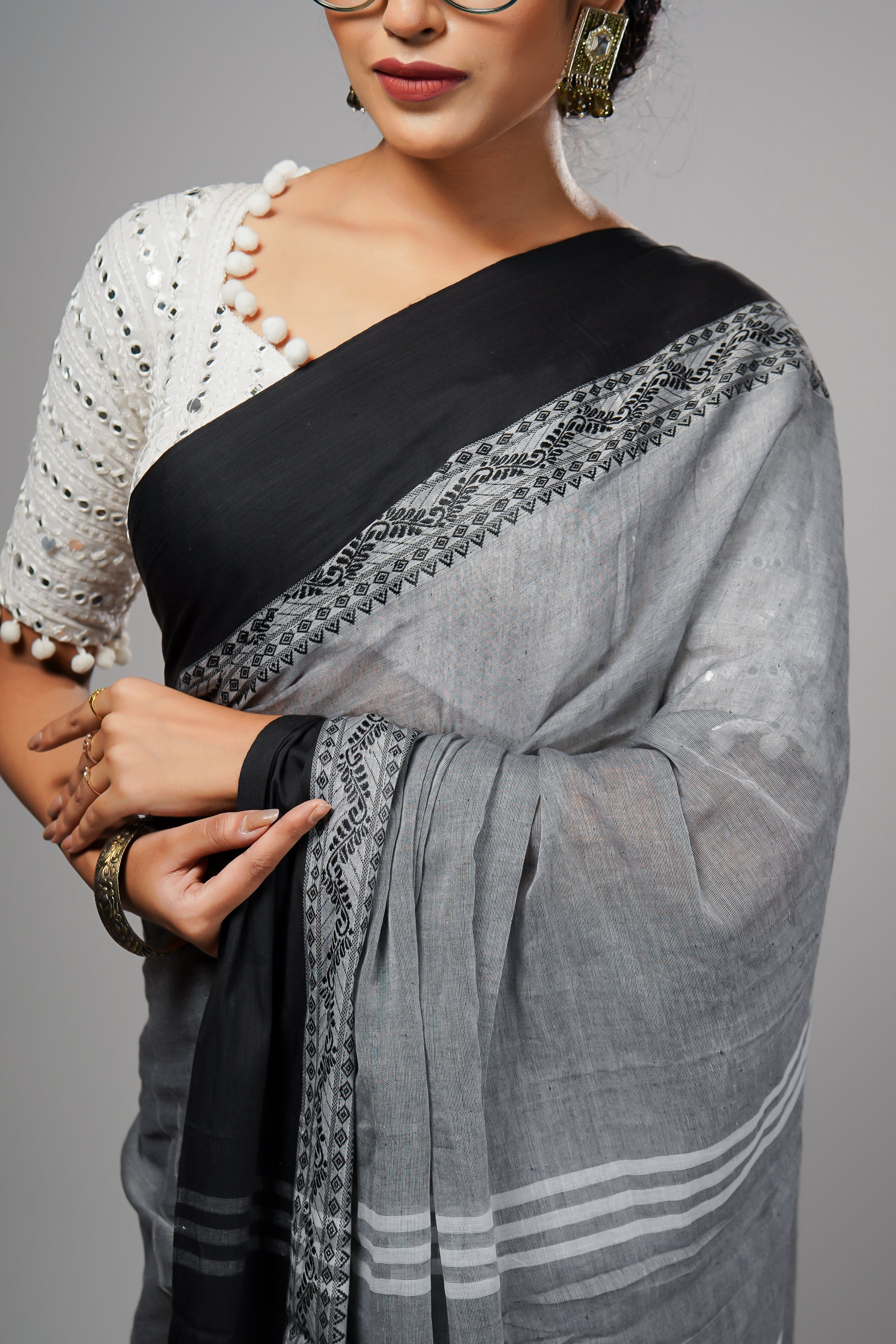 Grey & Black Mul Mul Cotton Saree