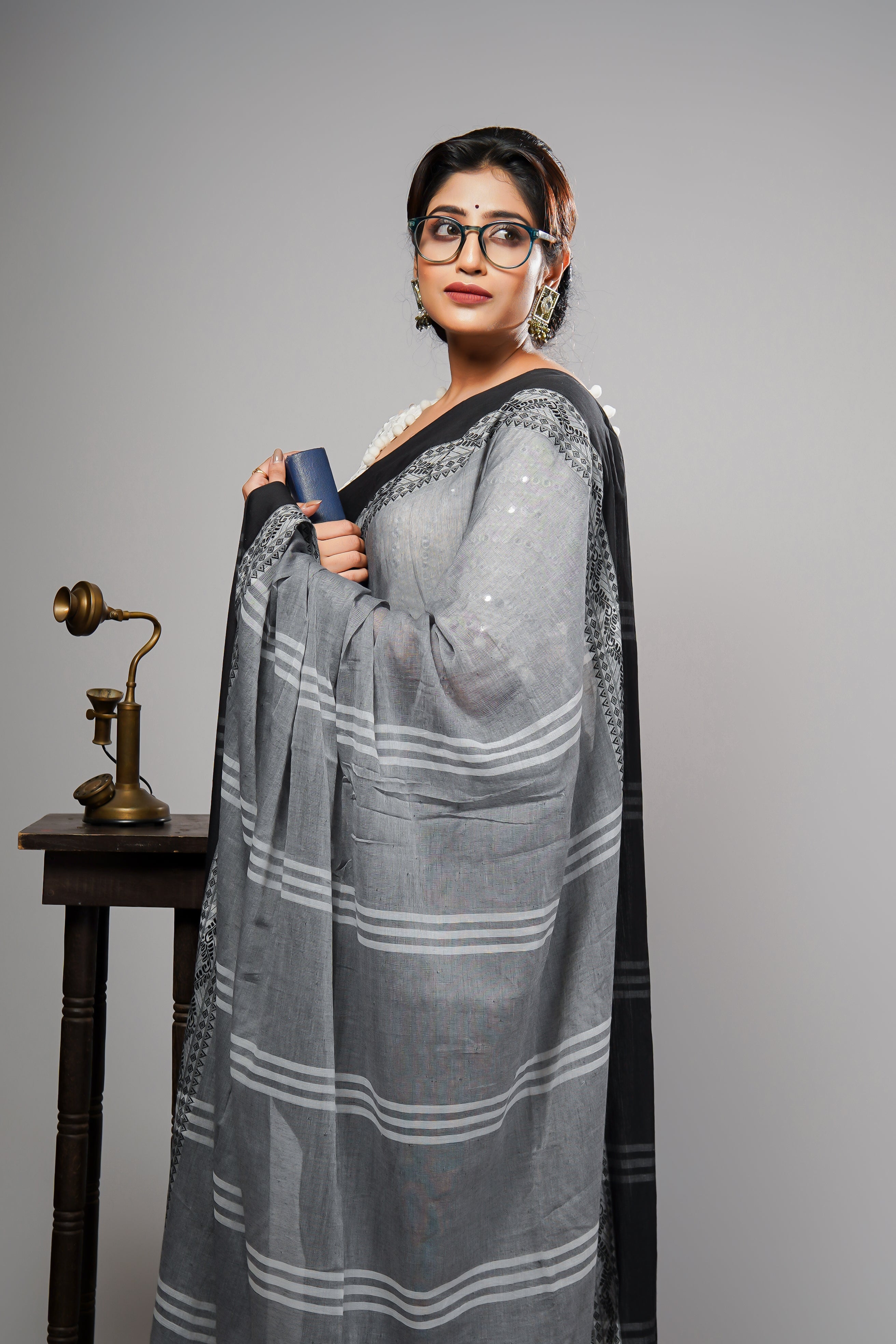 Grey & Black Mul Mul Cotton Saree