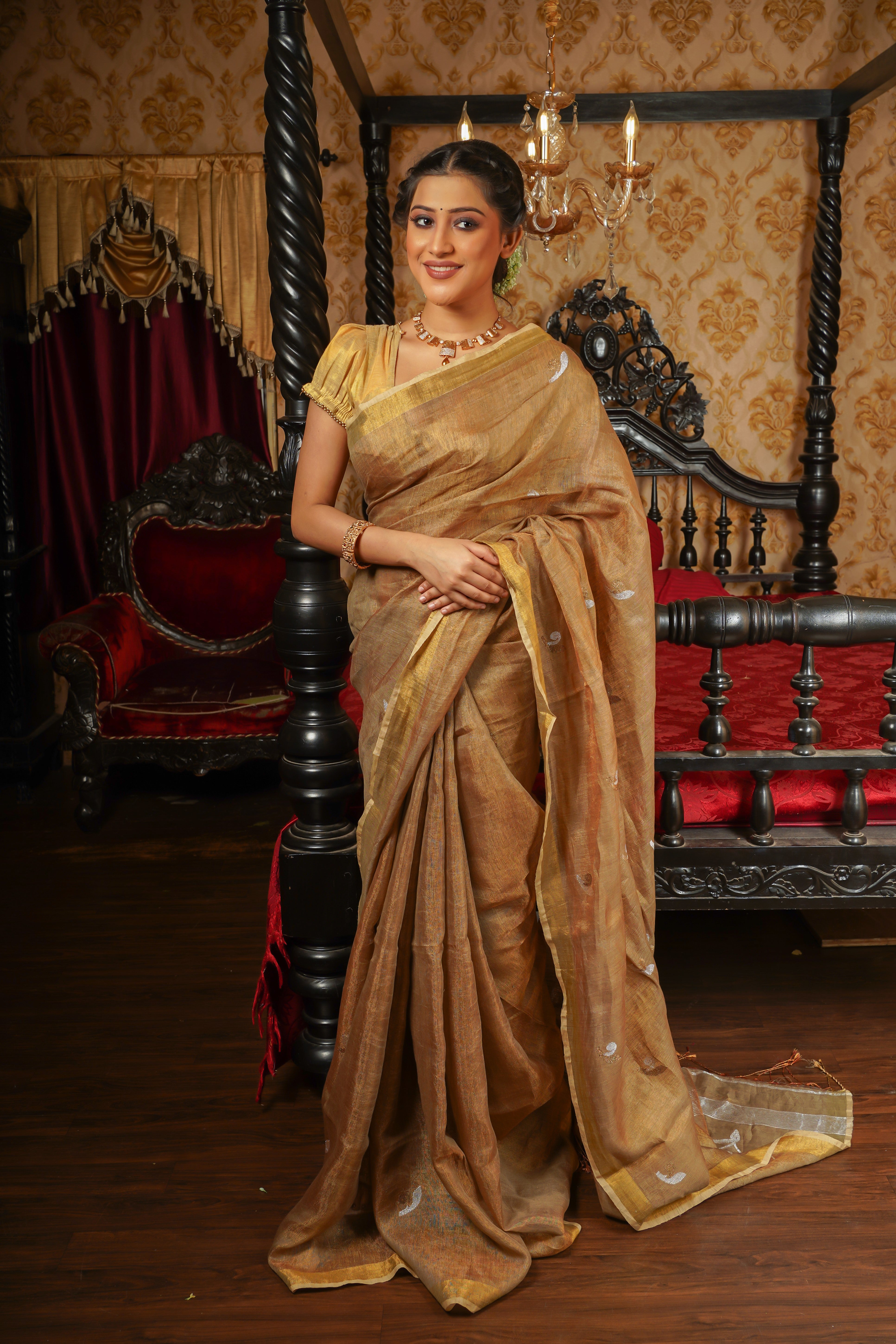 Gold Pure Tissue Linen Handwoven Tulip Saree