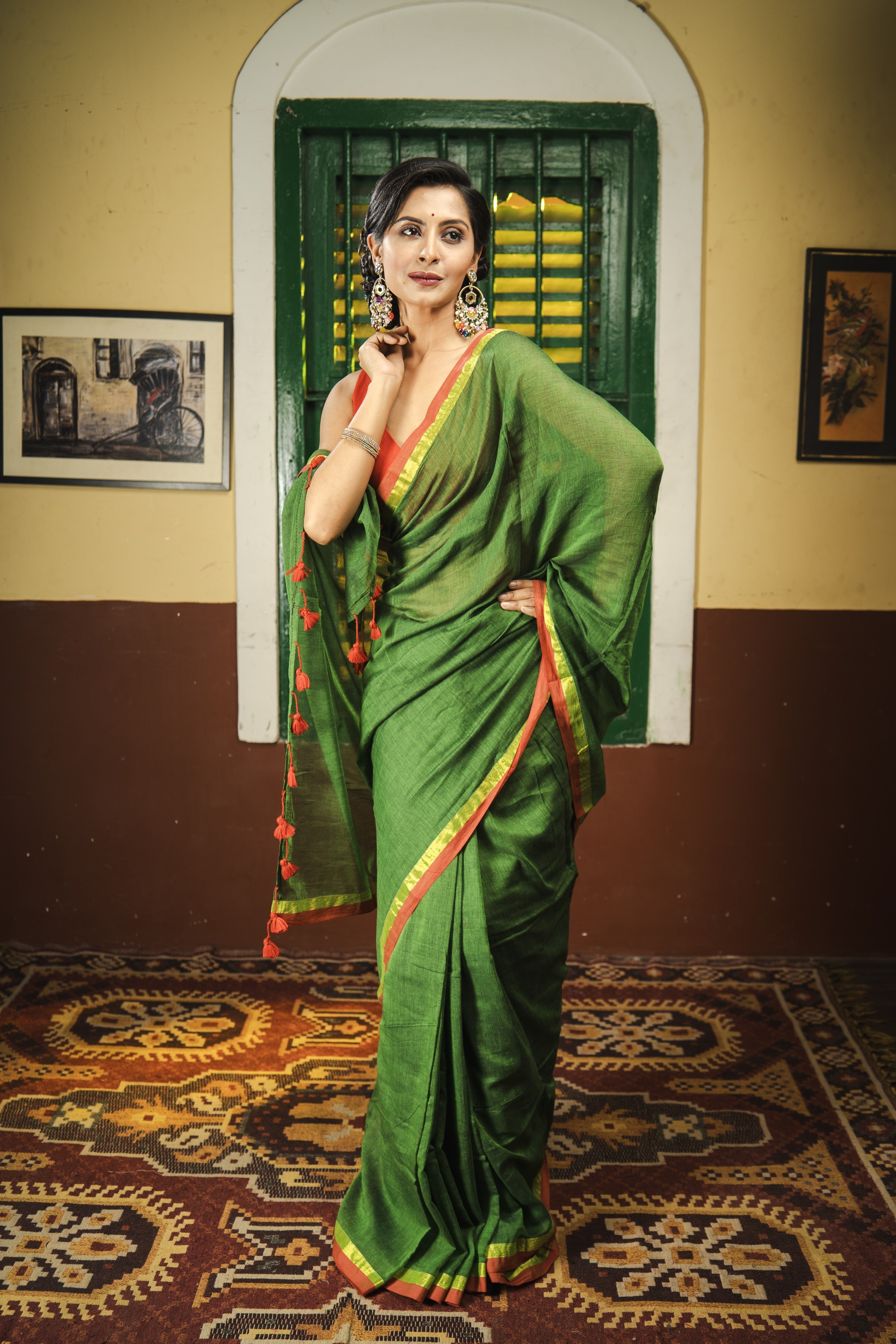 Green Mulmul Cotton Saree With Red Golden Border