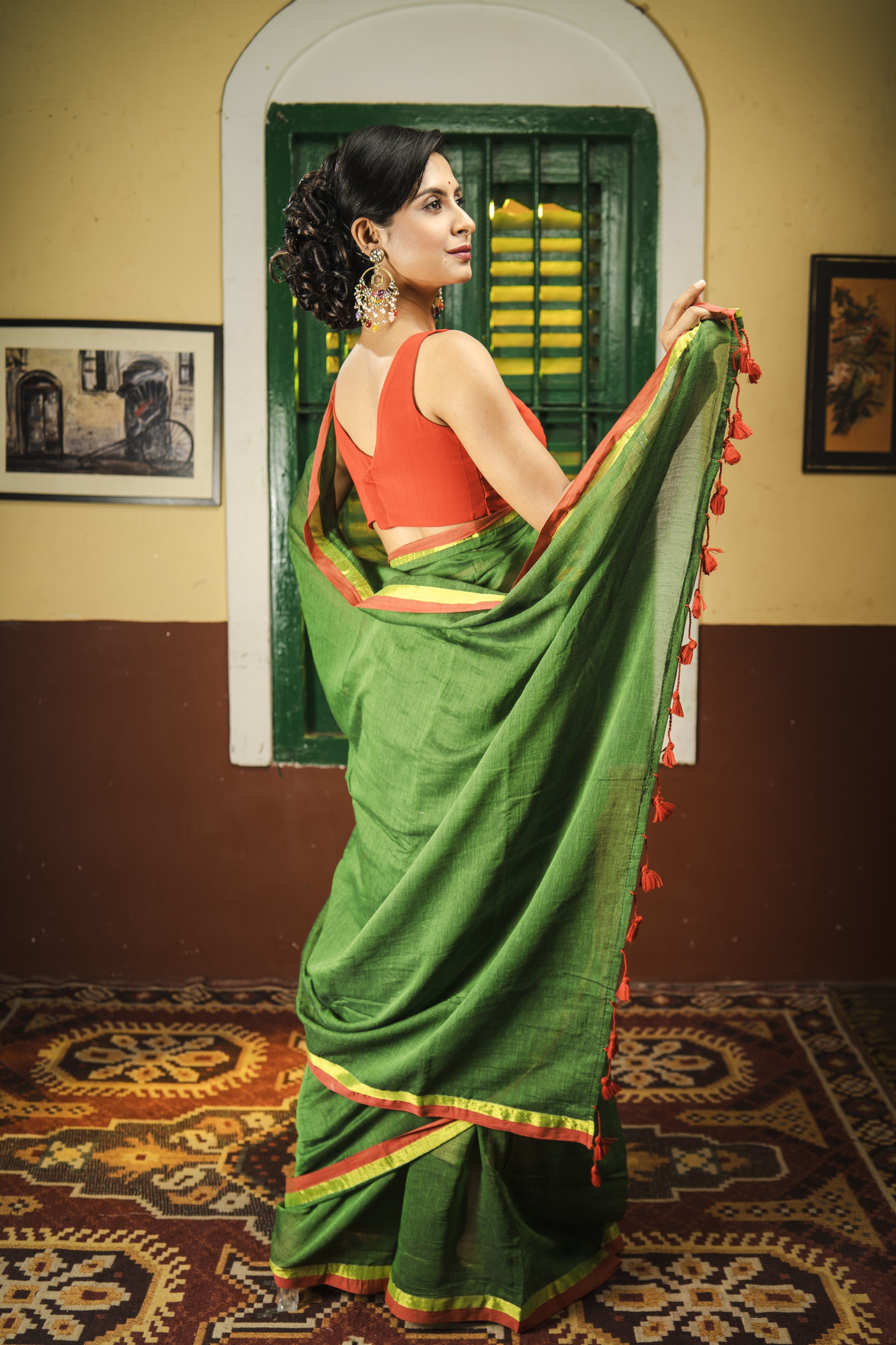 Green Mulmul Cotton Saree With Red Golden Border