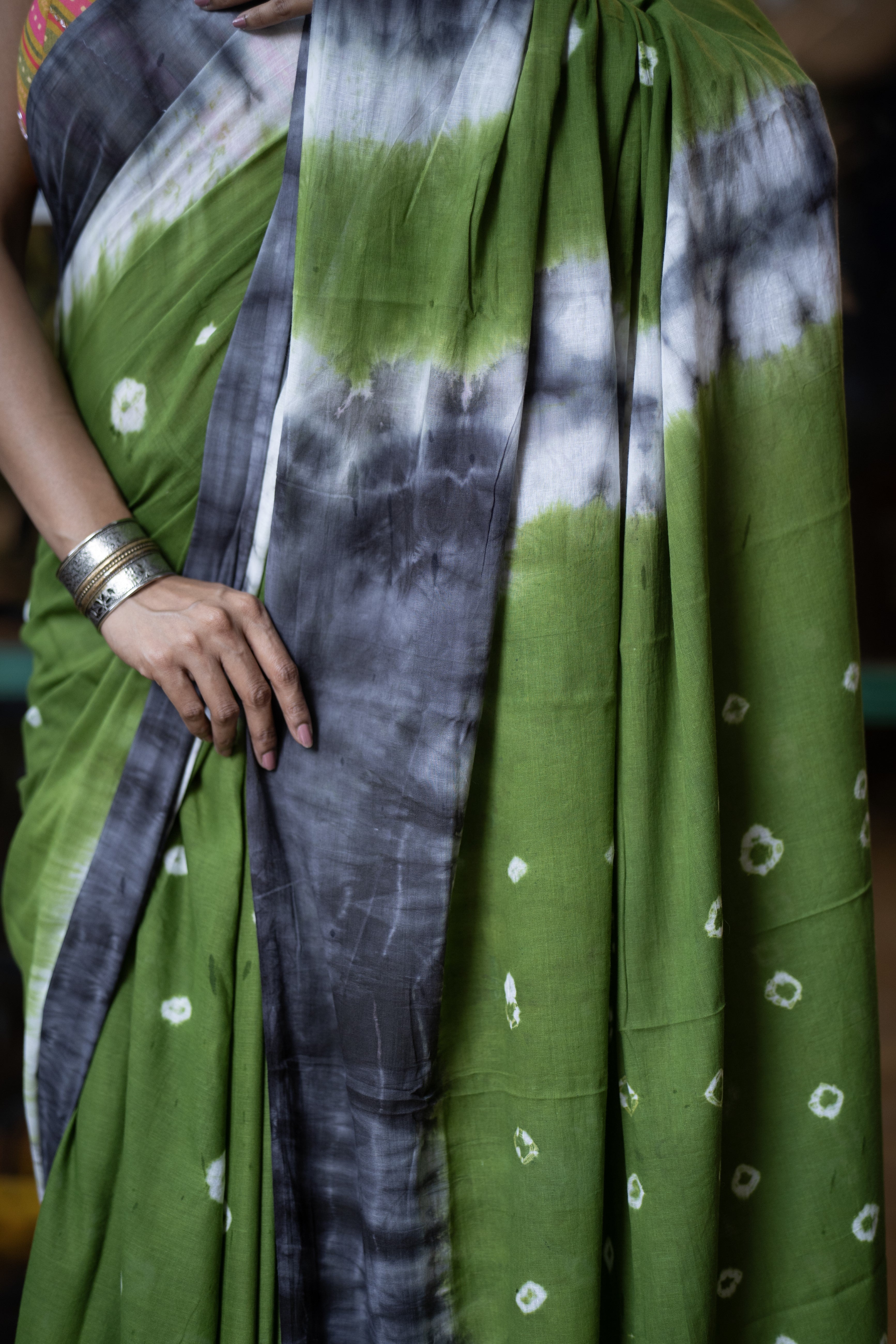 Green Bandhani Mulmul Cotton Saree with blouse piece