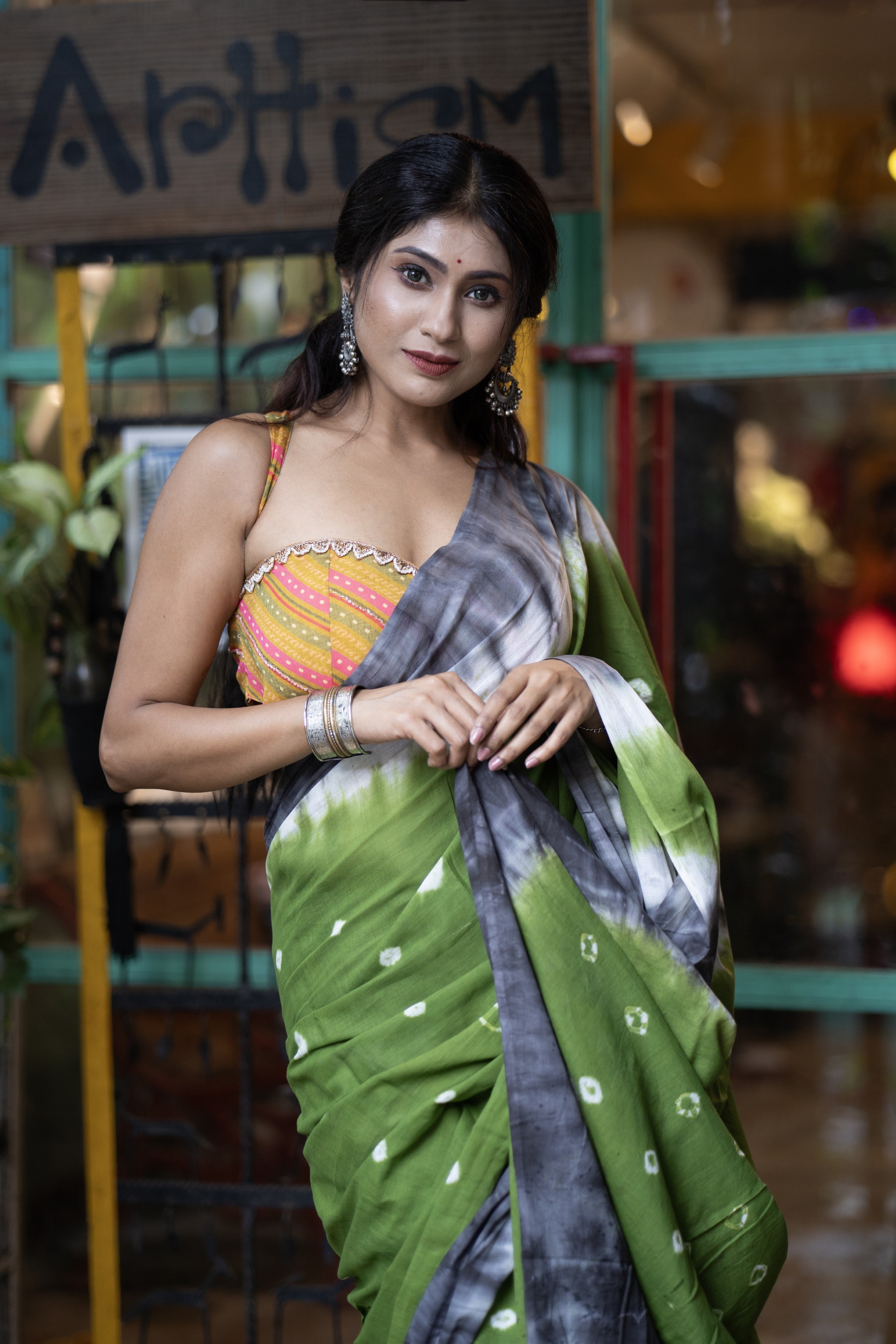 Green Bandhani Mulmul Cotton Saree with blouse piece