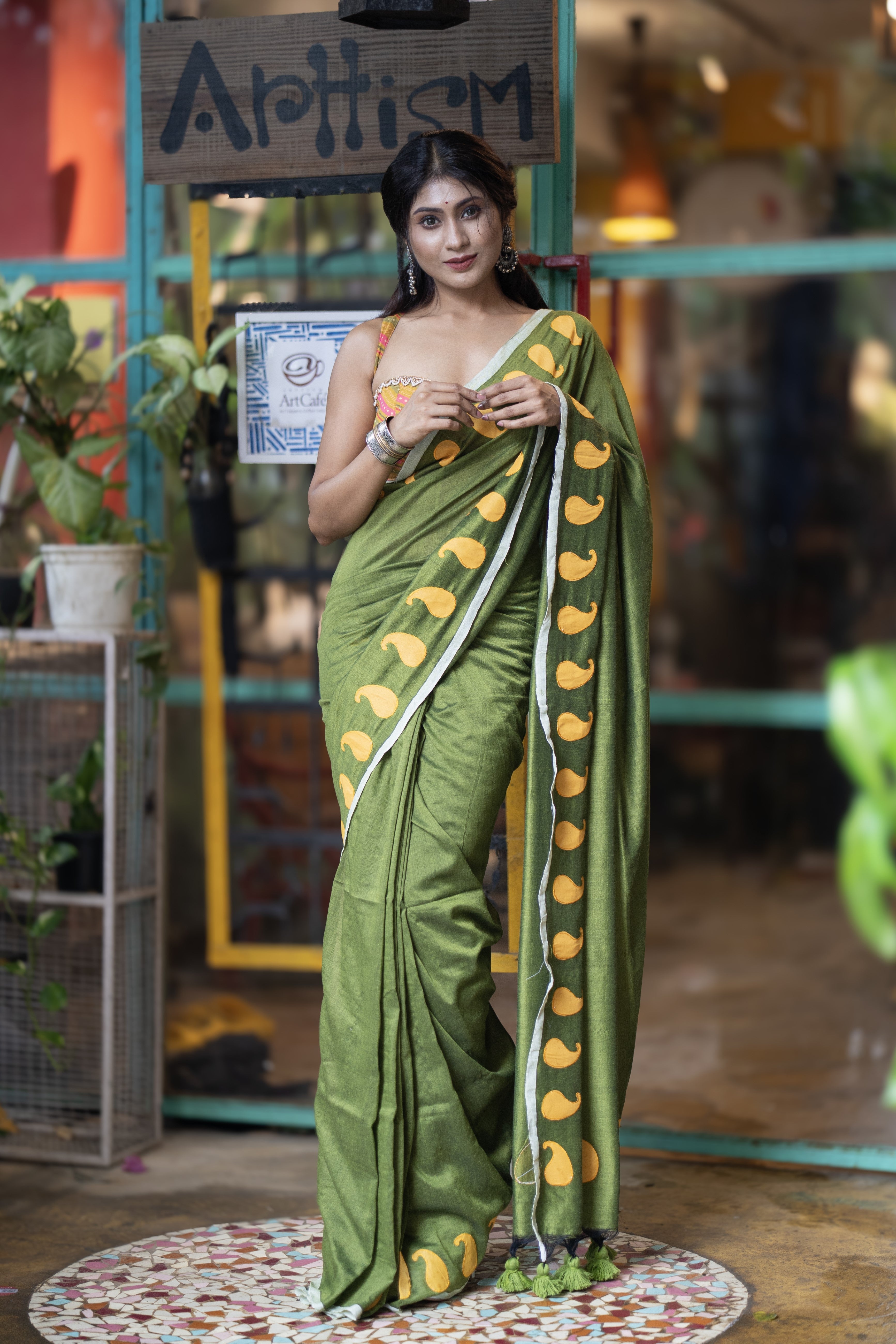 Polka Work Cotton Saree- Green
