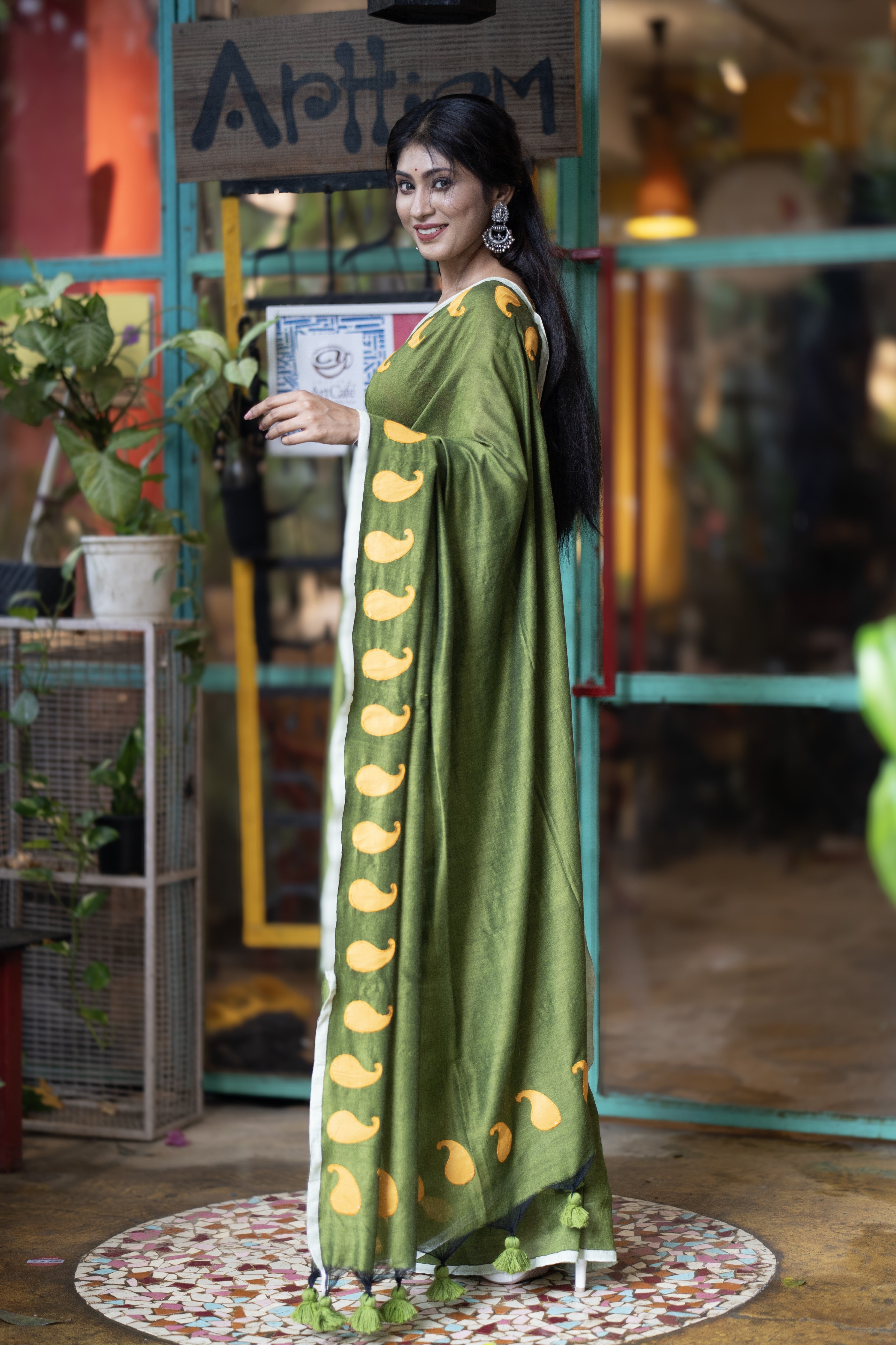 Polka Work Cotton Saree- Green