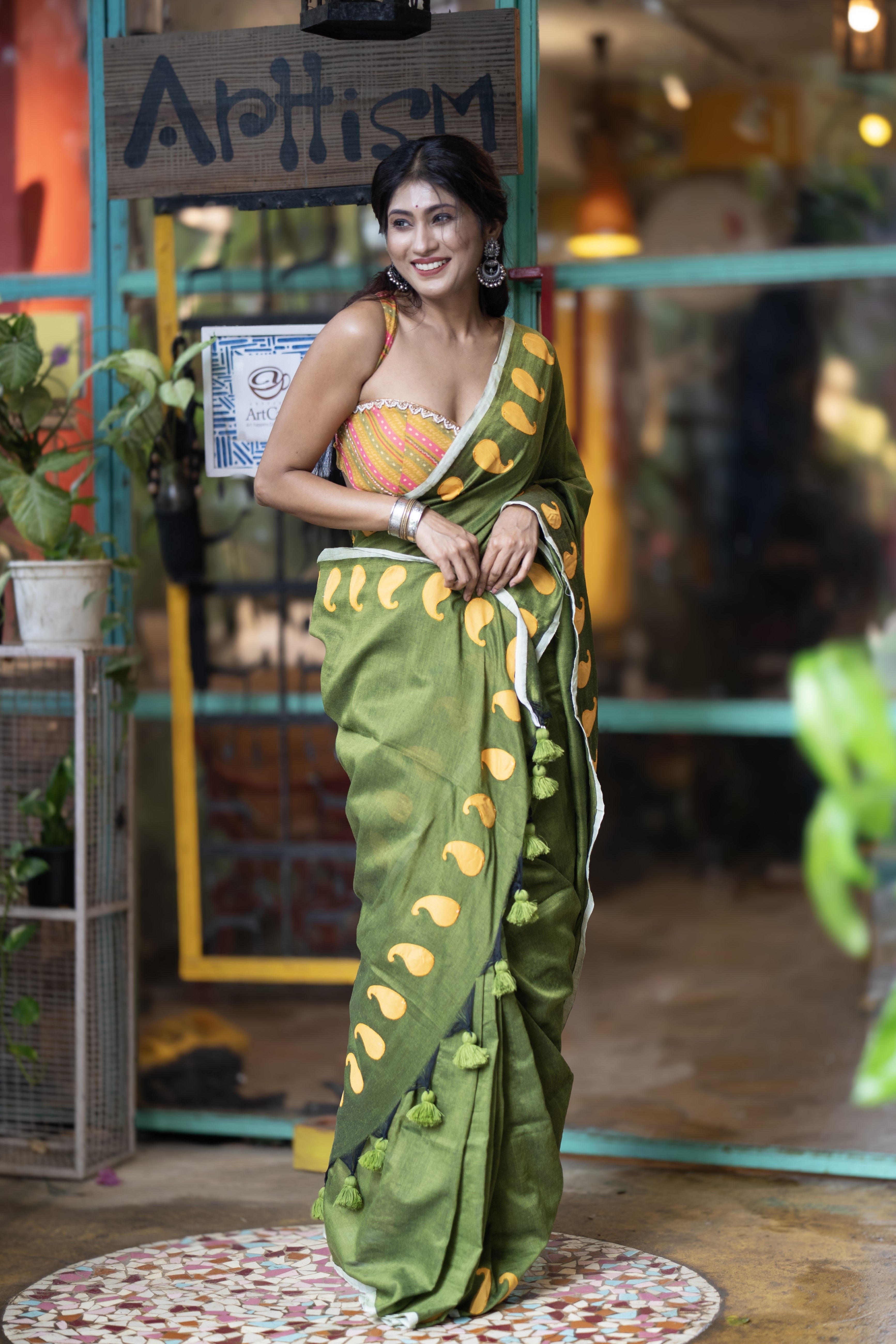 Polka Work Cotton Saree- Green