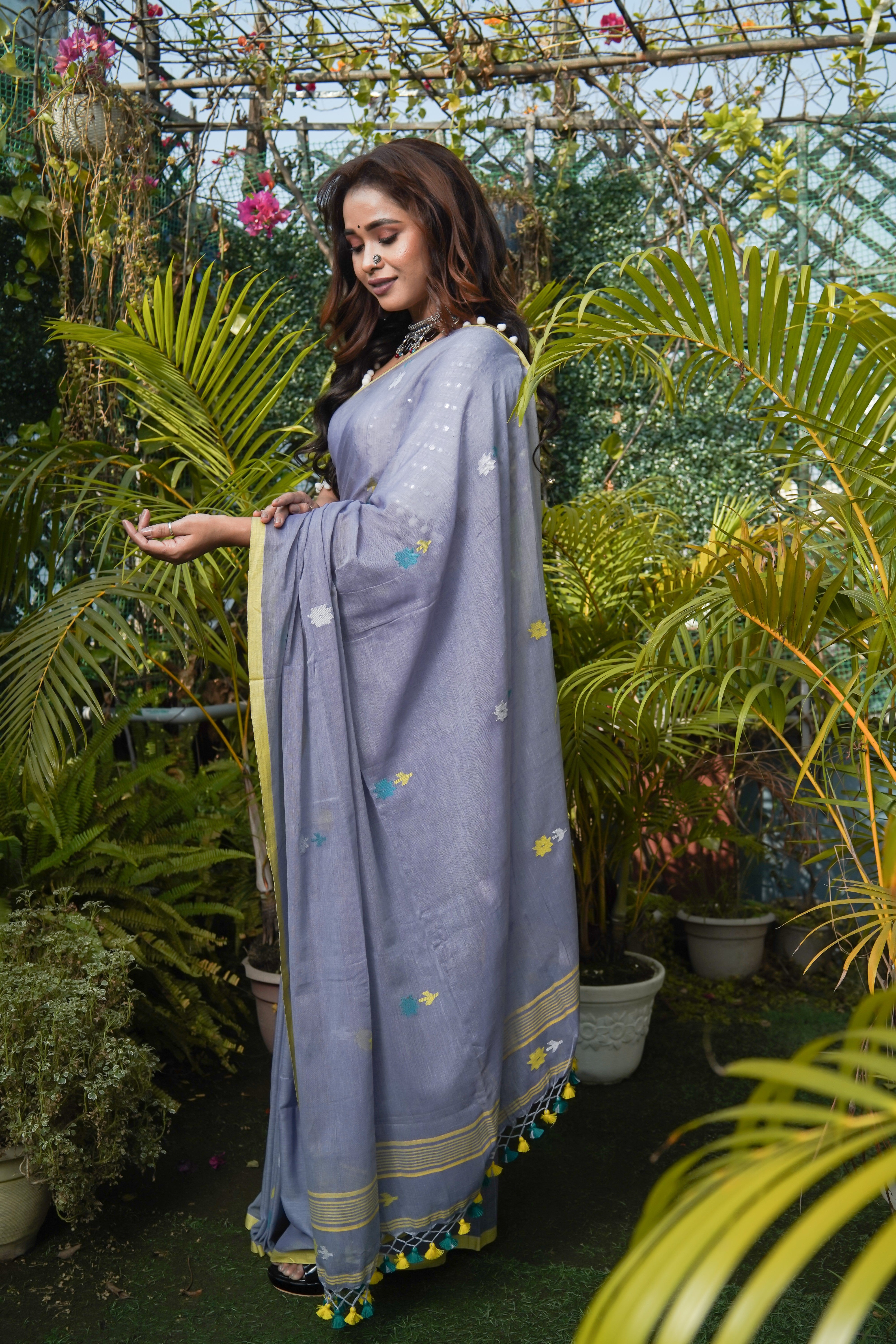 Grey & Blue Hand Weaving Mul Mul Cotton Saree