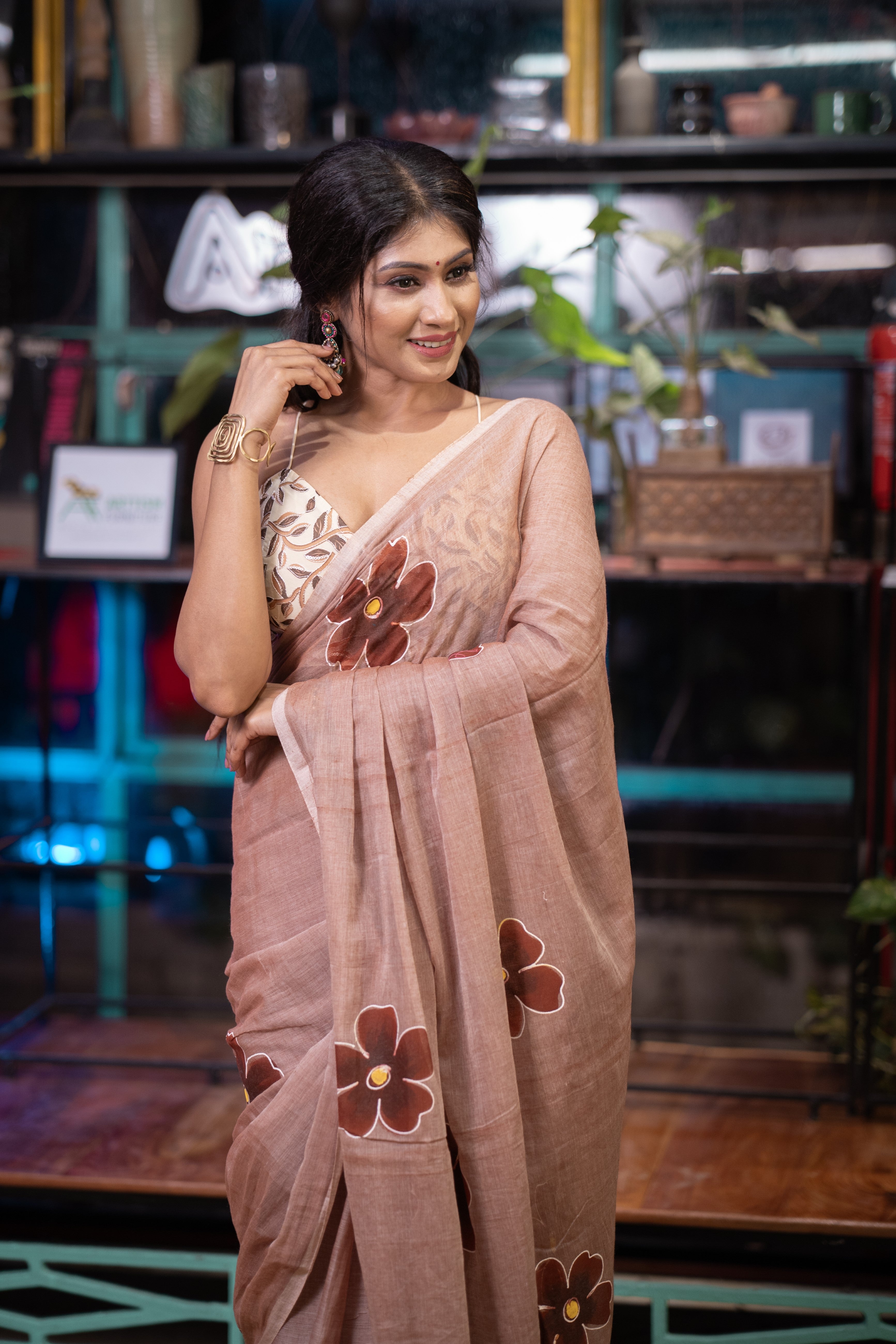 Wooden Hand-Printed Floral Mulmul Cotton Saree