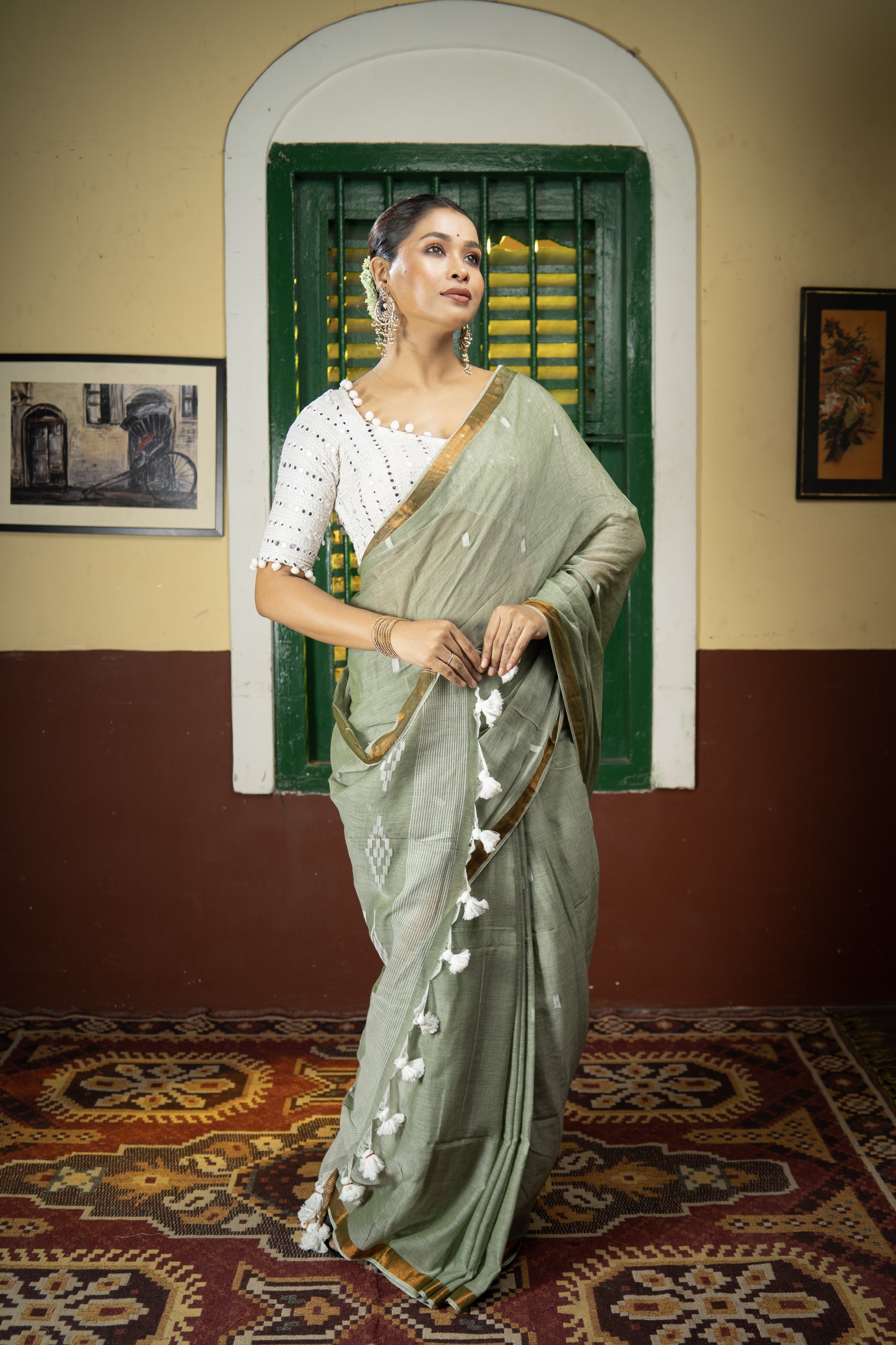 Hand Weaving Mulmul Cotton Saree- Laurel Green