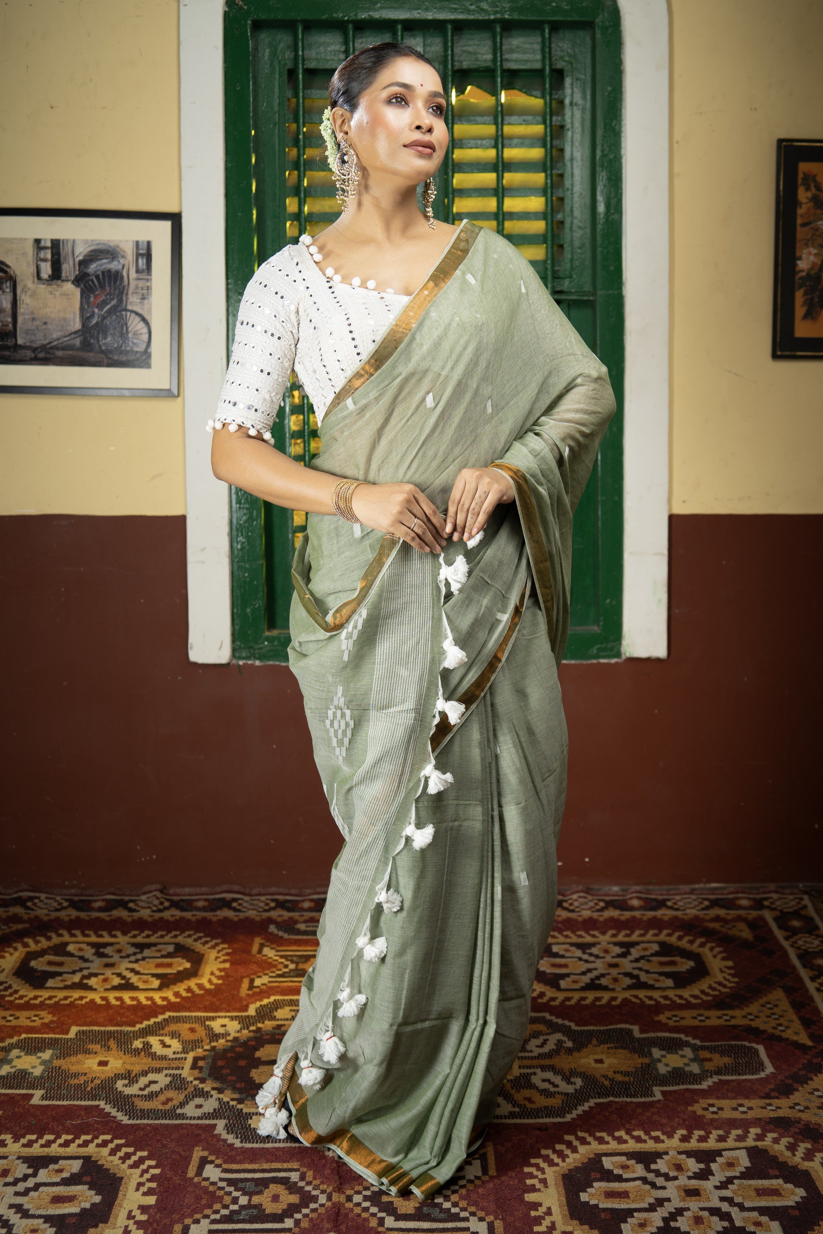 Hand Weaving Mulmul Cotton Saree- Laurel Green