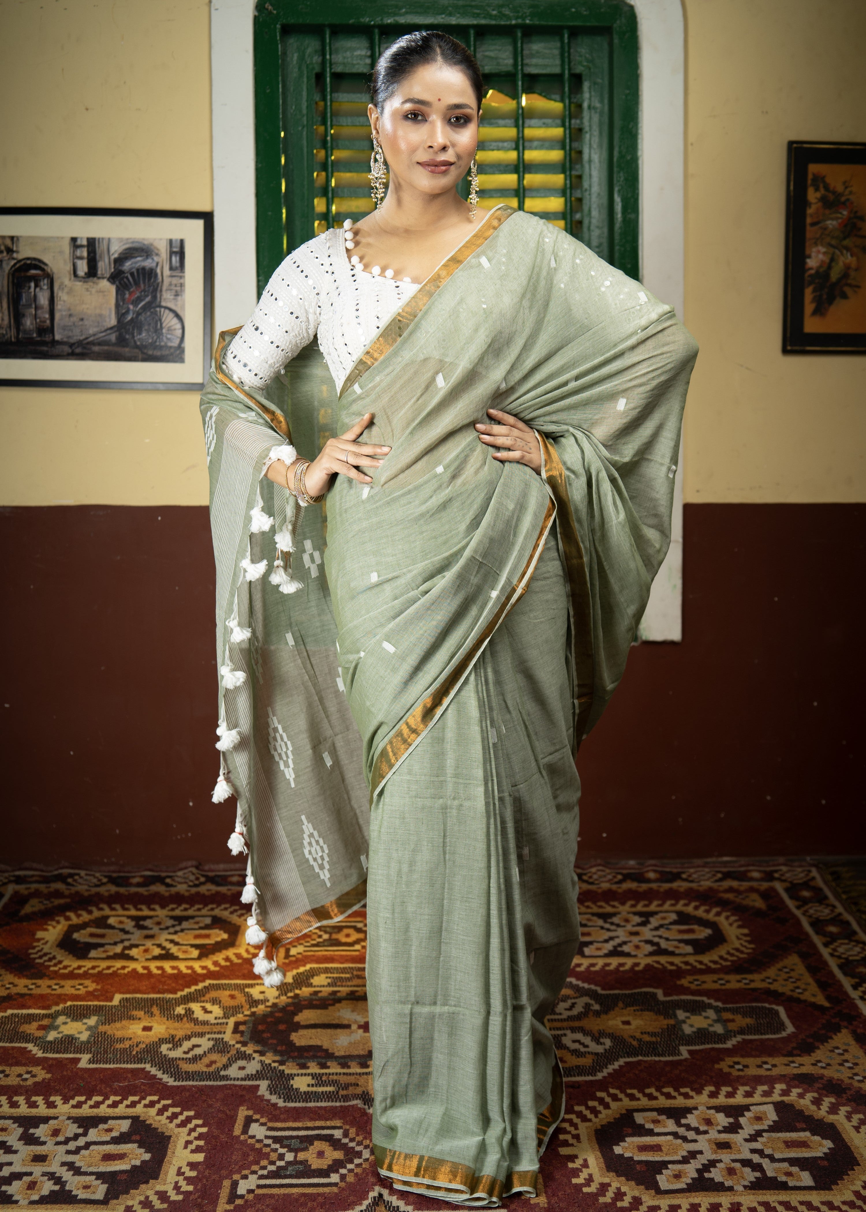Hand Weaving Mulmul Cotton Saree- Laurel Green