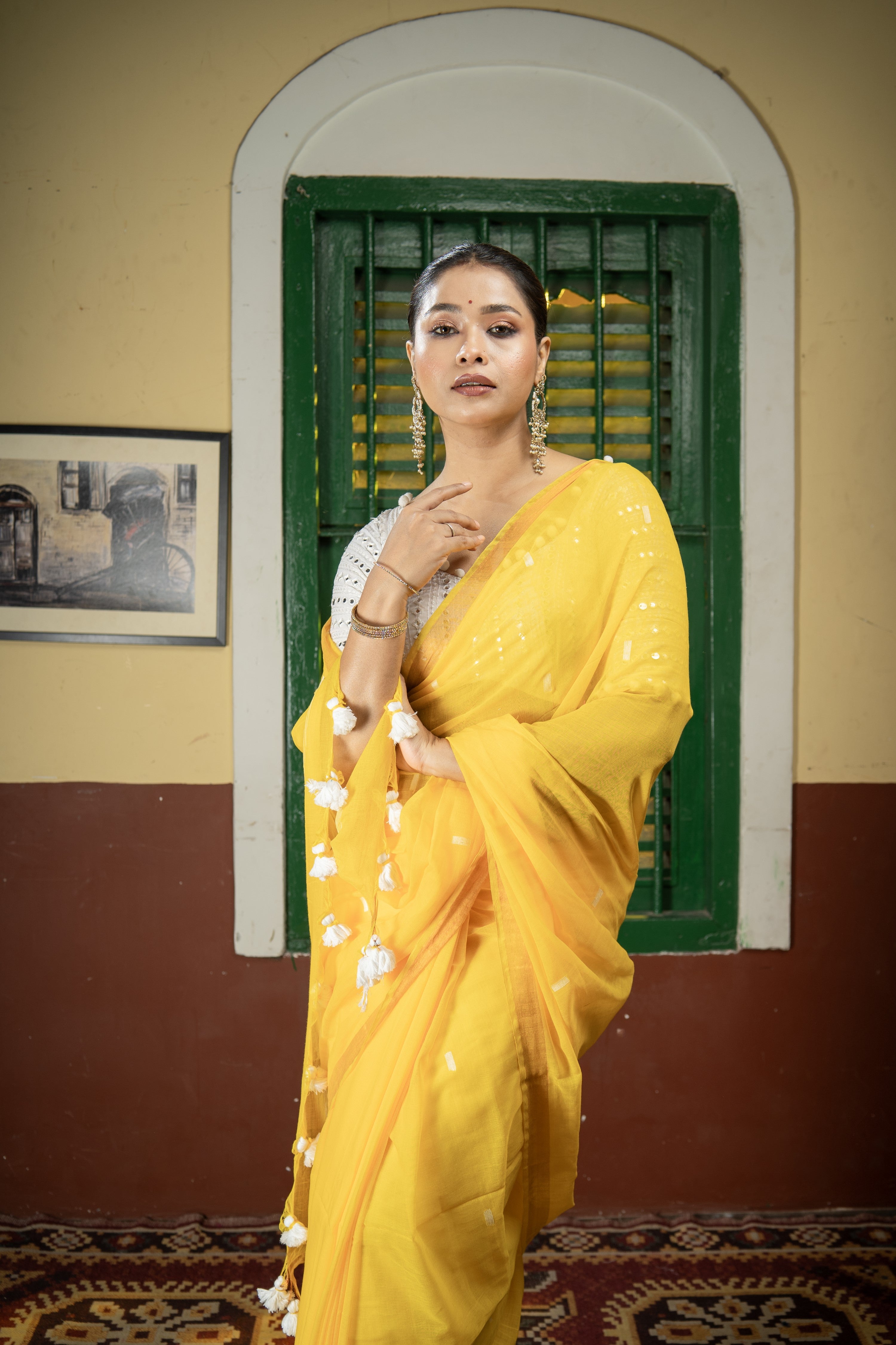 Hand Weaving Mulmul Cotton Saree- Yellow