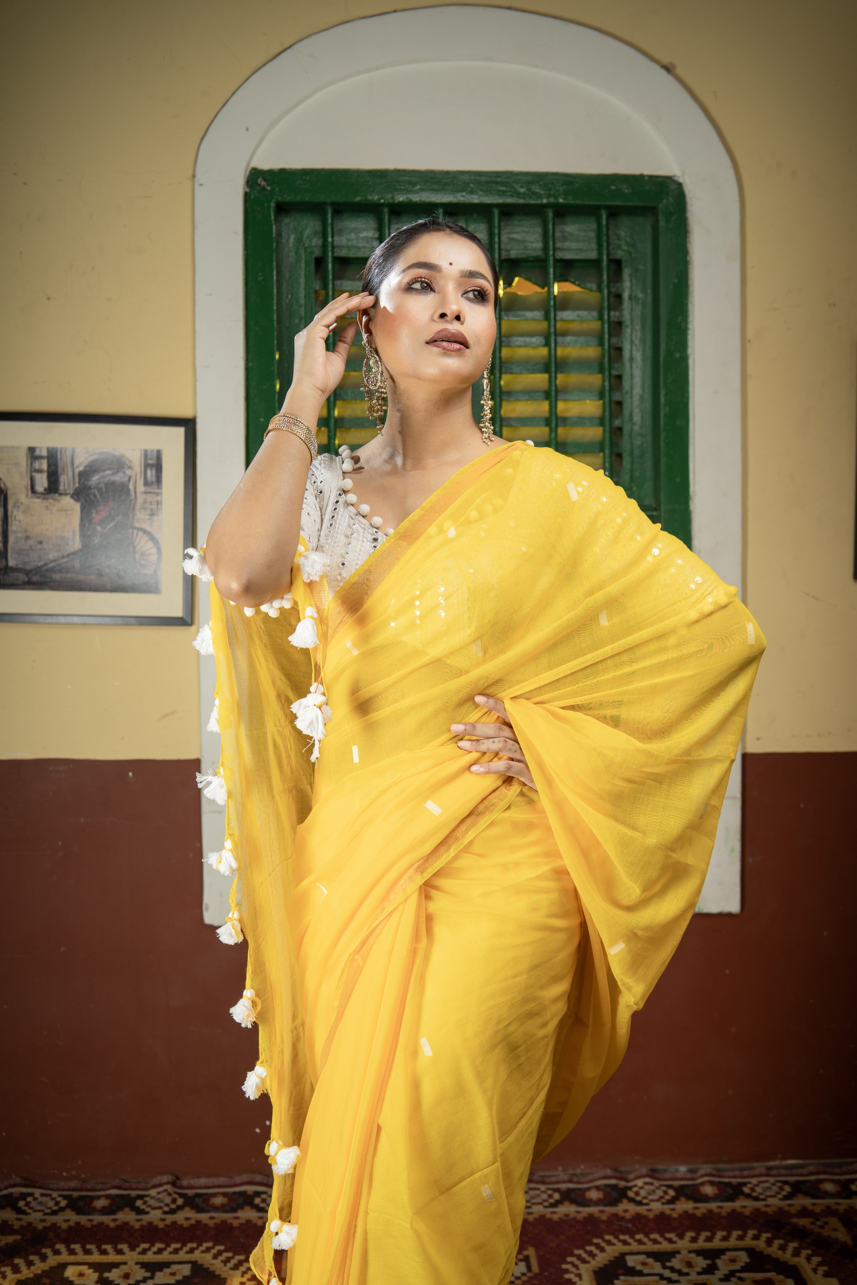 Hand Weaving Mulmul Cotton Saree- Yellow