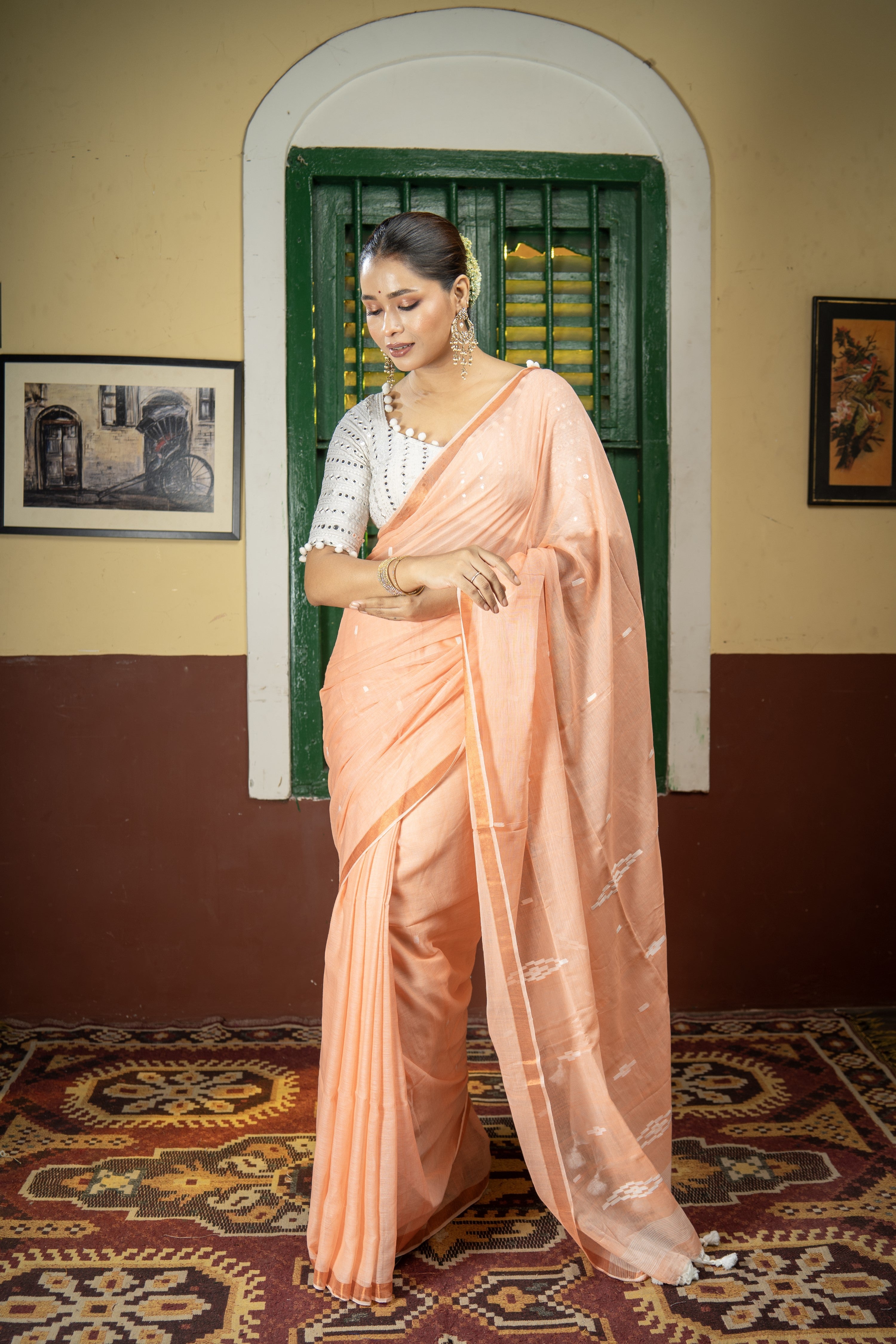 Hand Weaving Mulmul Cotton Saree- Peach