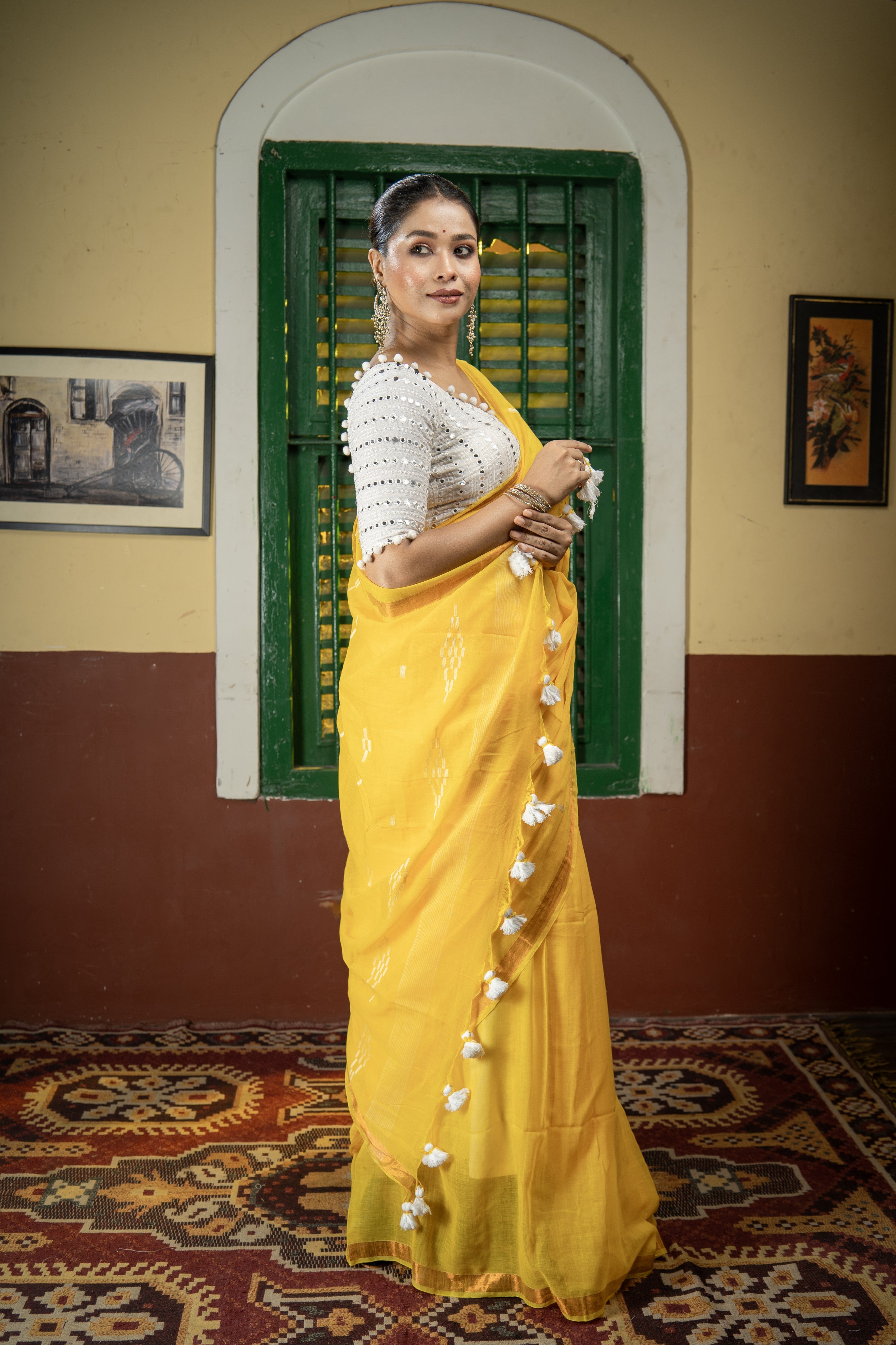 Hand Weaving Mulmul Cotton Saree- Yellow