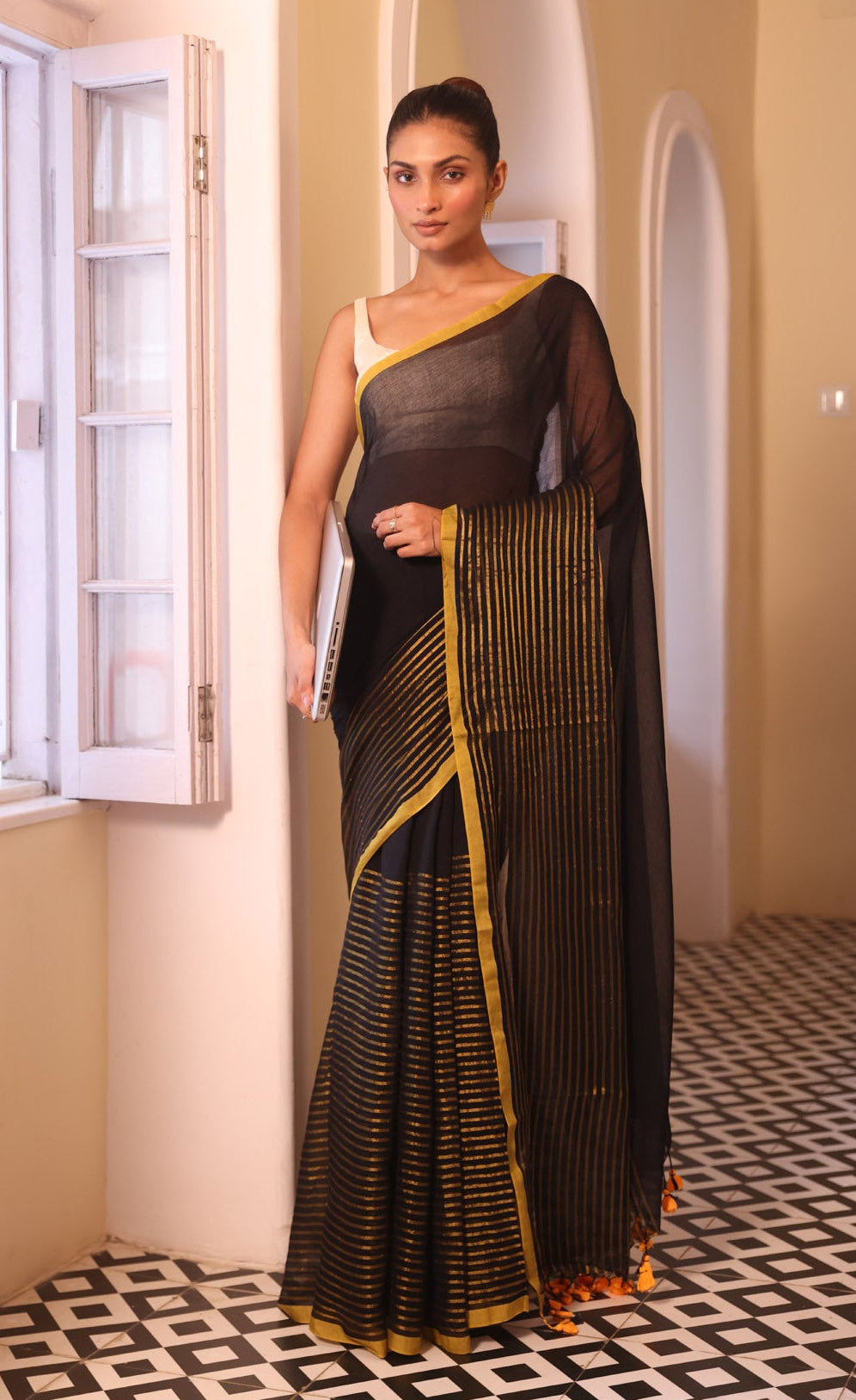 Black & golden half half mulmul cotton saree