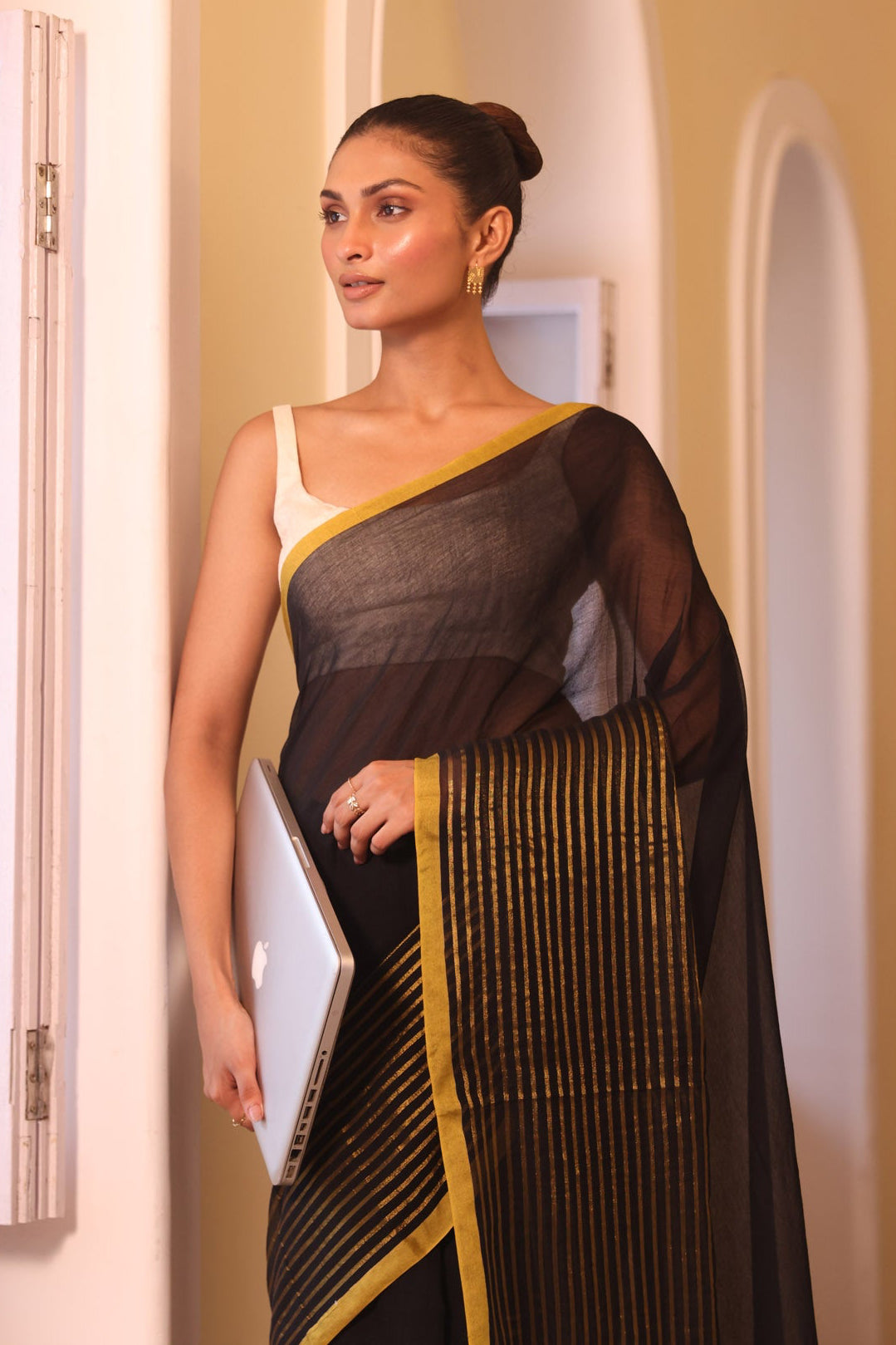 Black & golden half half mulmul cotton saree