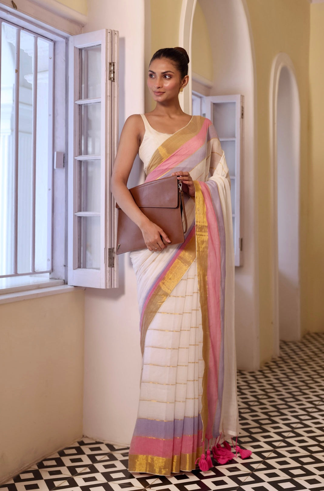 White Mulmul Cotton Saree with Golden Zari Check Border