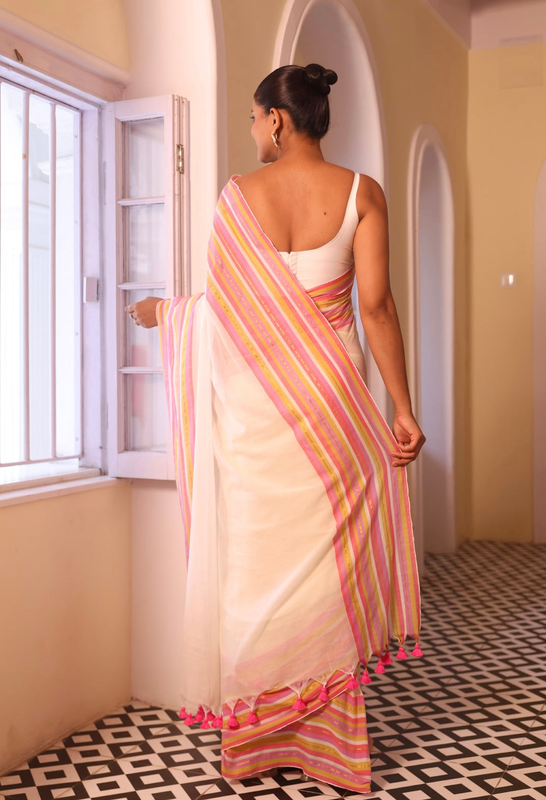 Off White Striped Mul Cotton Saree with Mahapar Border