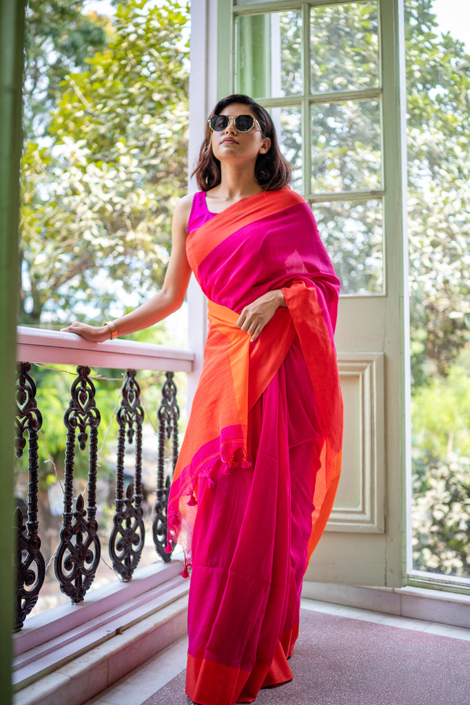 Rani & orange Mul Mul Cotton Saree