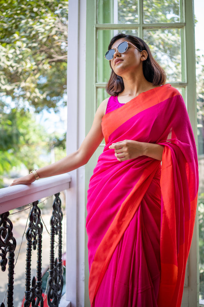 Rani & orange Mul Mul Cotton Saree